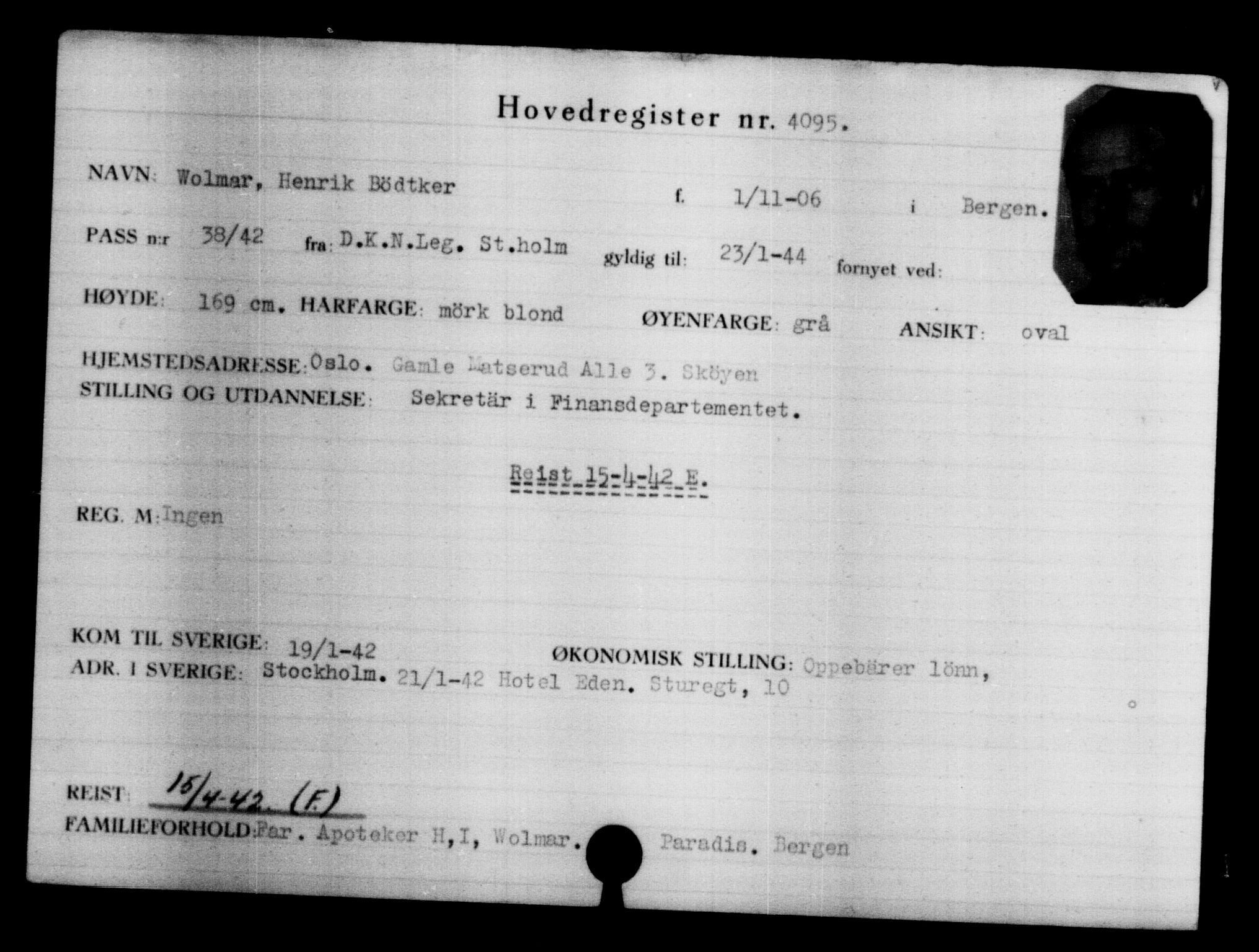 Utenriksstasjonene, Legasjonen i Stockholm, Flyktningkontoret, AV/RA-S-6753/V/Va/L0004: Kjesäterkartoteket, flyktninger med registreringsnr. 3496-6610, 1940-1945, p. 708