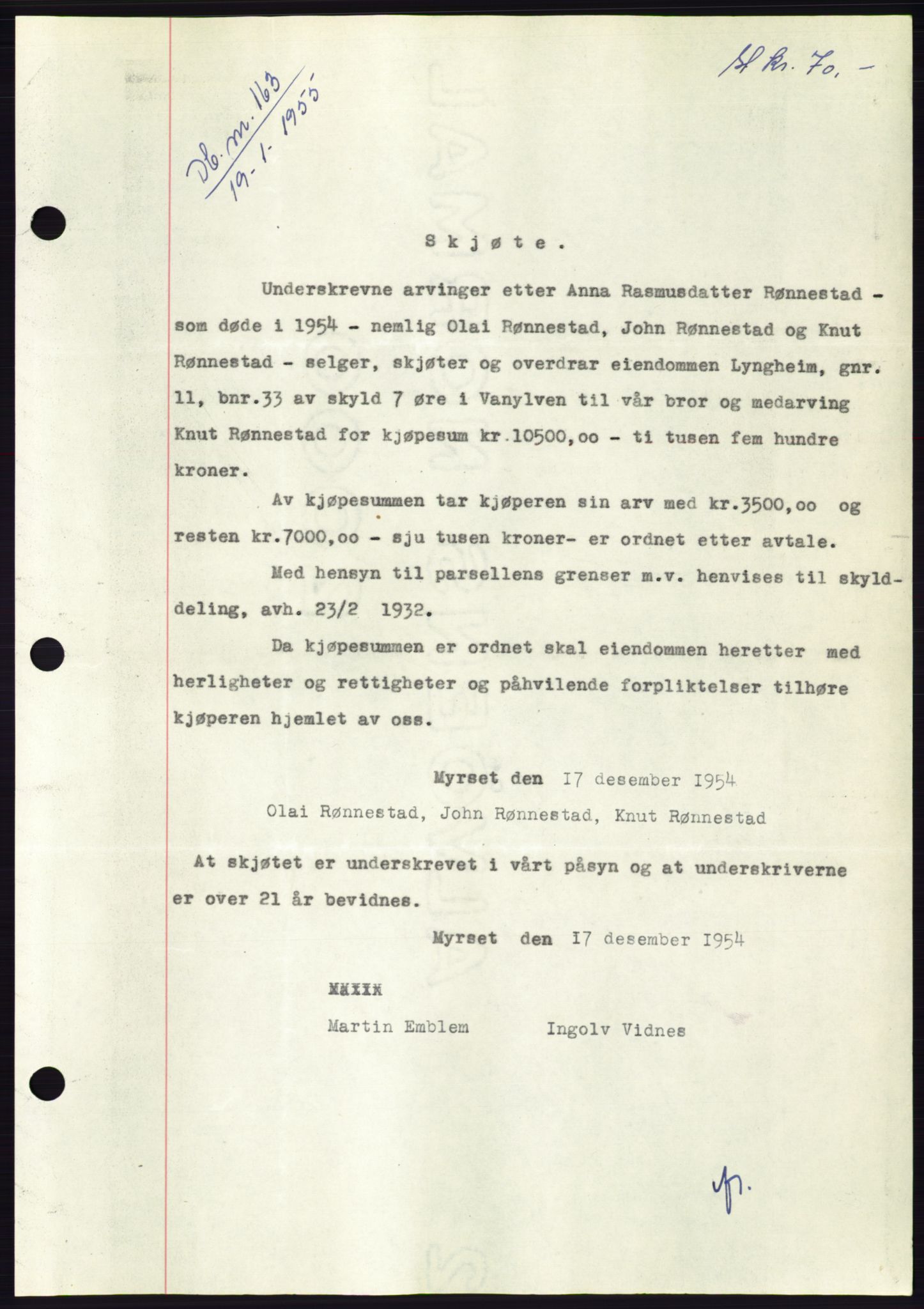 Søre Sunnmøre sorenskriveri, AV/SAT-A-4122/1/2/2C/L0100: Mortgage book no. 26A, 1954-1955, Diary no: : 163/1955