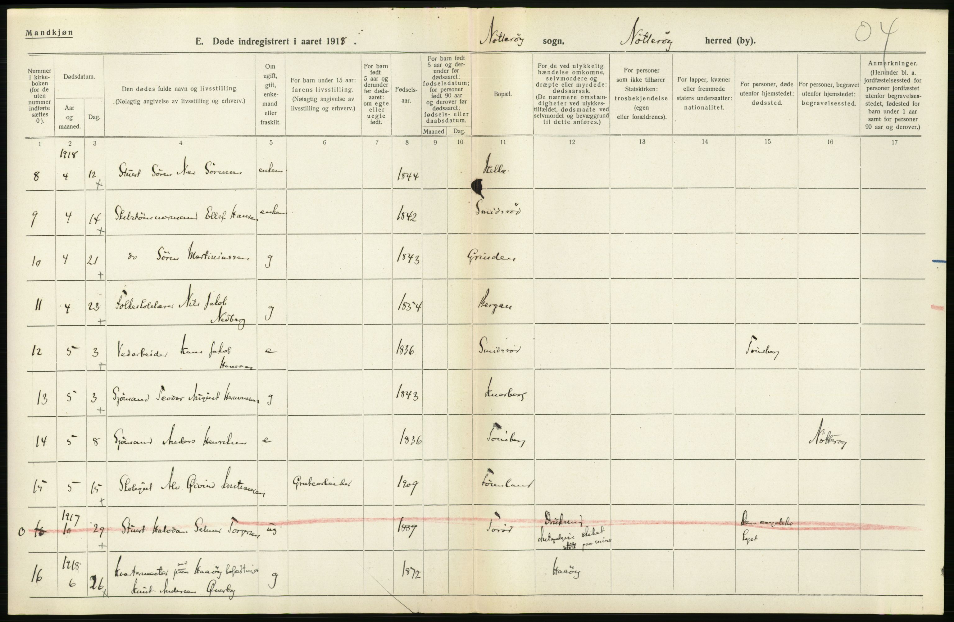 Statistisk sentralbyrå, Sosiodemografiske emner, Befolkning, RA/S-2228/D/Df/Dfb/Dfbh/L0023: Vestfold fylke: Døde. Bygder og byer., 1918, p. 166