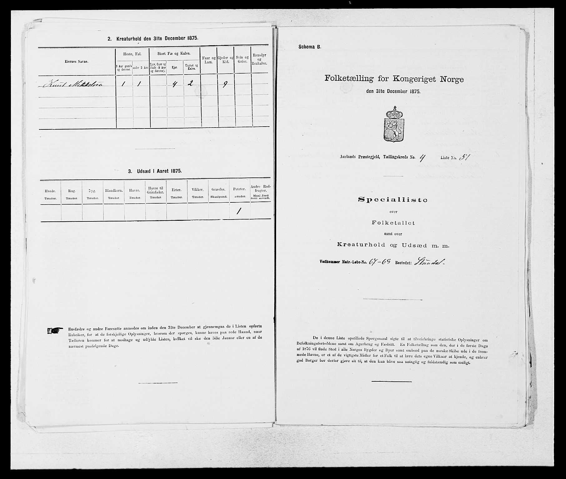 SAB, 1875 census for 1421P Aurland, 1875, p. 516