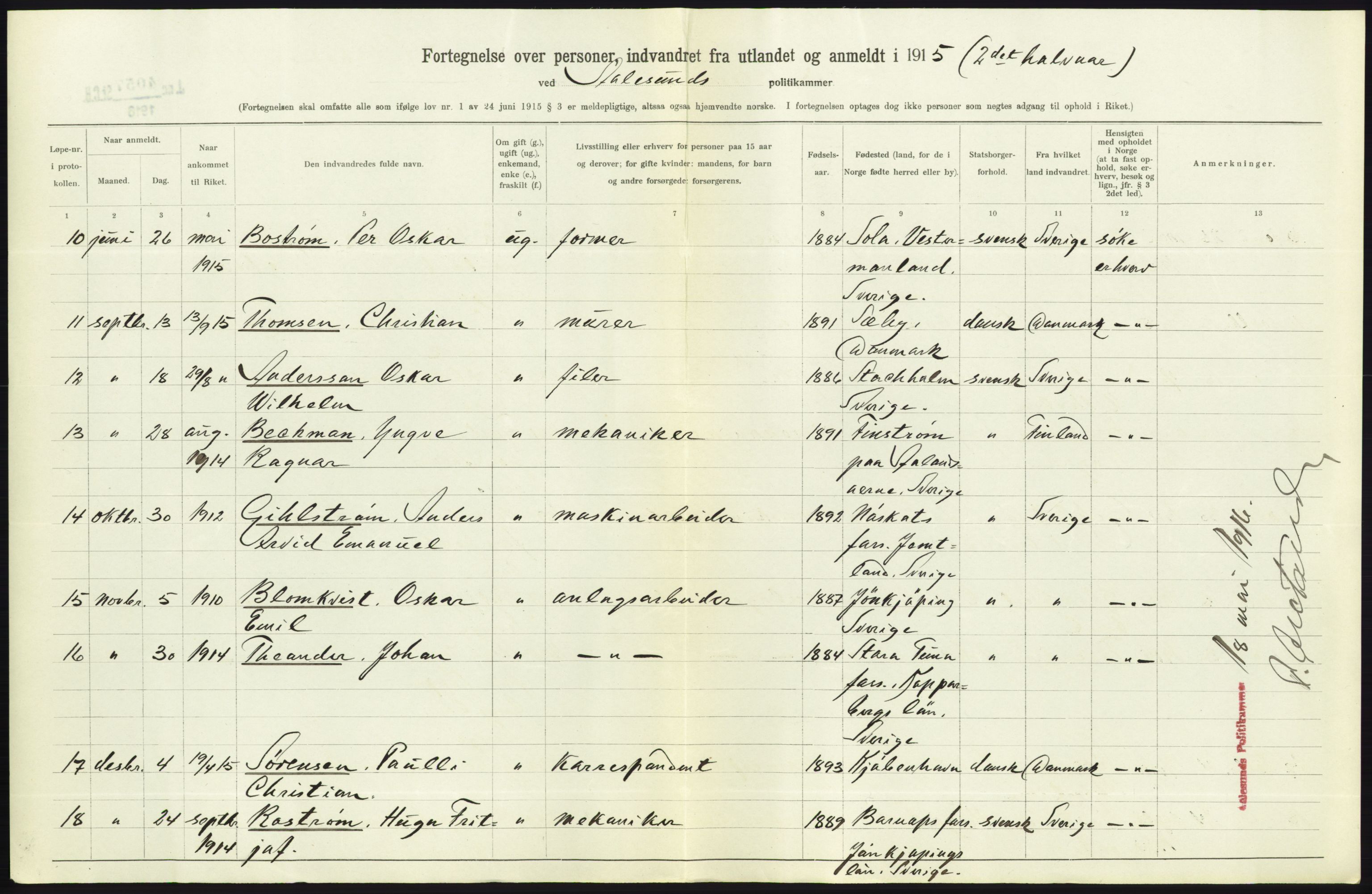 Statistisk sentralbyrå, Sosioøkonomiske emner, Folketellinger, boliger og boforhold, AV/RA-S-2231/F/Fa/L0001: Innvandring. Navn/fylkesvis, 1915, p. 191