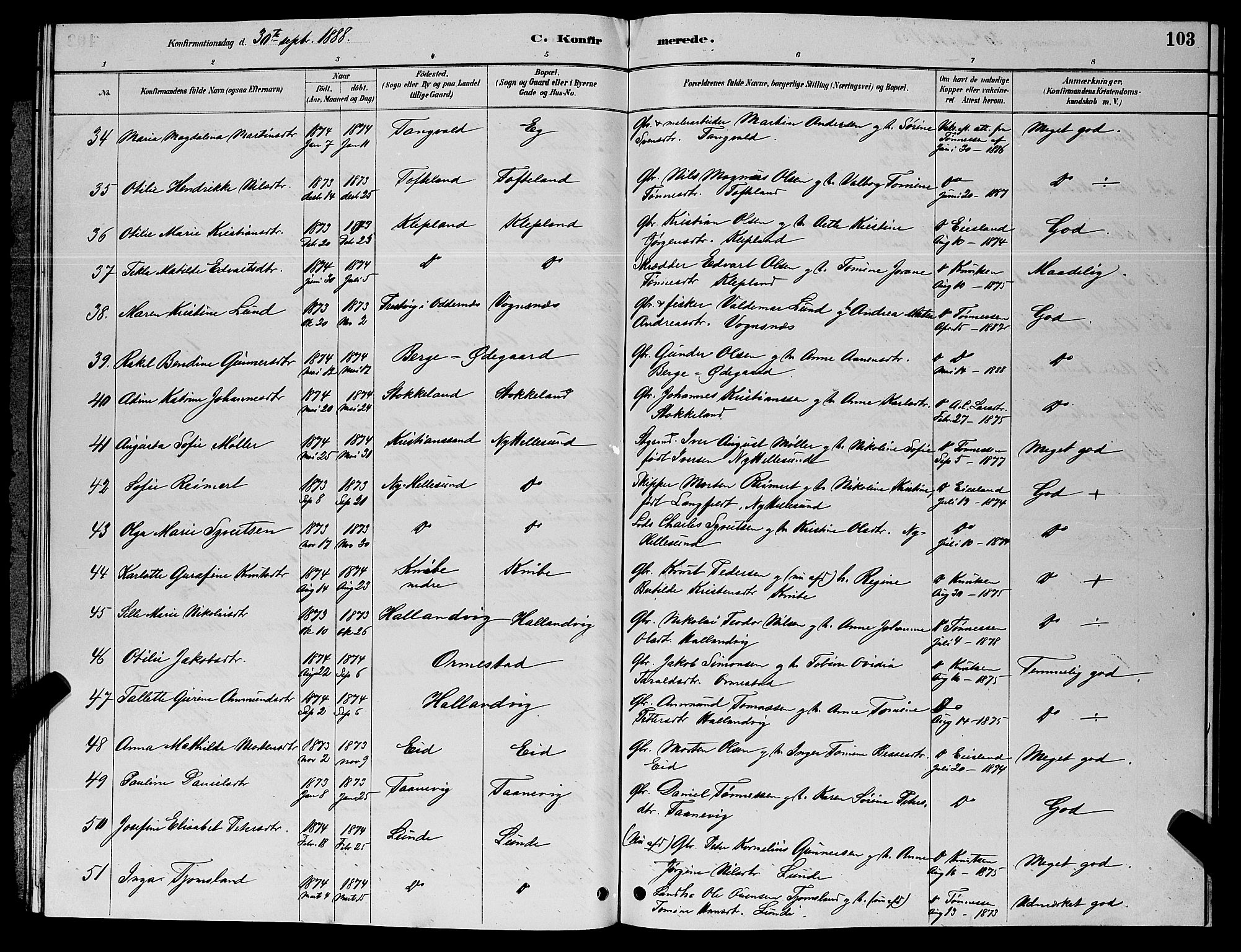 Søgne sokneprestkontor, SAK/1111-0037/F/Fb/Fbb/L0005: Parish register (copy) no. B 5, 1884-1891, p. 103