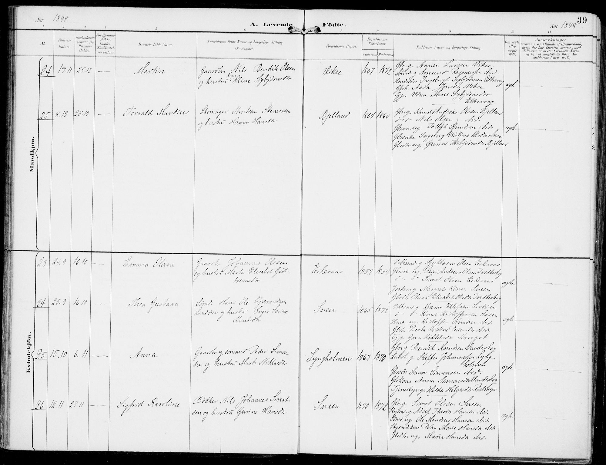 Sveio Sokneprestembete, AV/SAB-A-78501/H/Haa: Parish register (official) no. B  3, 1894-1906, p. 39