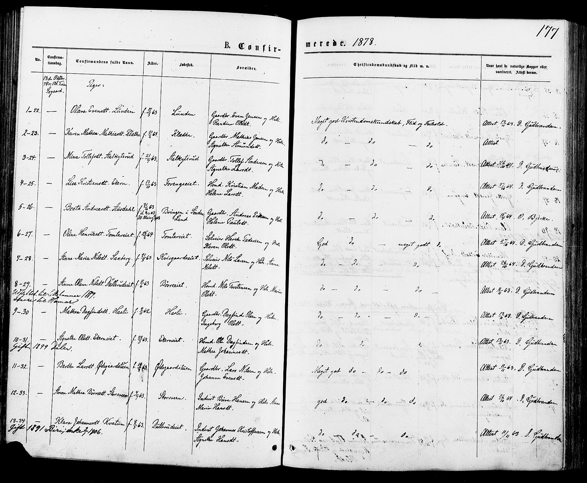 Biri prestekontor, SAH/PREST-096/H/Ha/Haa/L0006: Parish register (official) no. 6, 1877-1886, p. 177