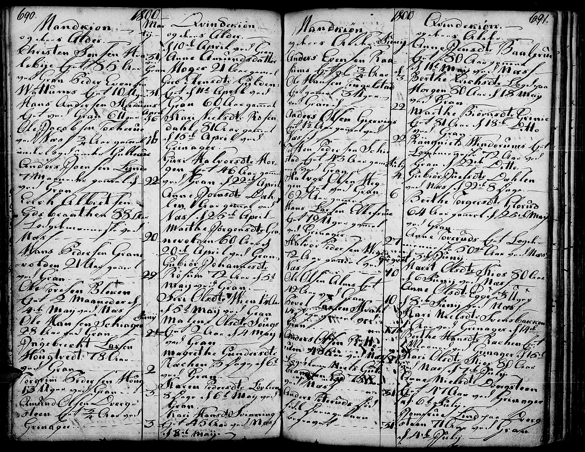 Gran prestekontor, SAH/PREST-112/H/Ha/Haa/L0006: Parish register (official) no. 6, 1787-1824, p. 690-691