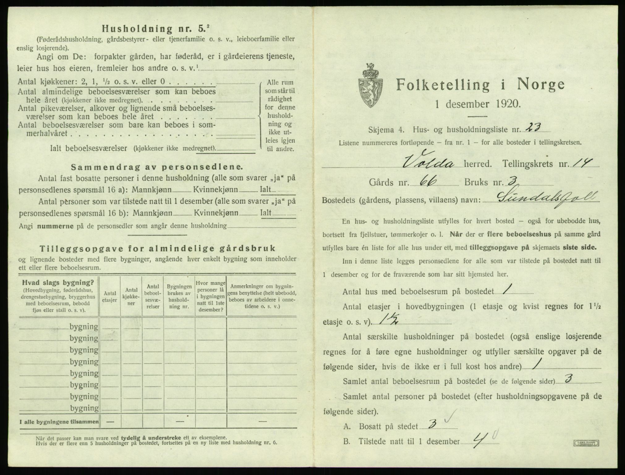 SAT, 1920 census for Volda, 1920, p. 1142