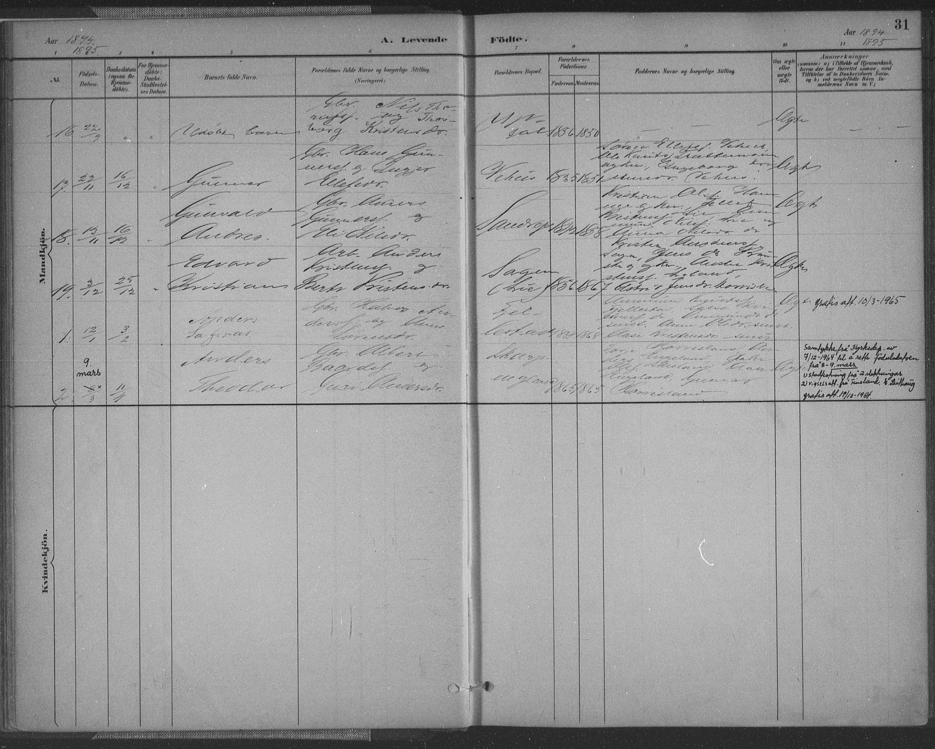 Vennesla sokneprestkontor, AV/SAK-1111-0045/Fa/Fac/L0009: Parish register (official) no. A 9, 1884-1901, p. 31