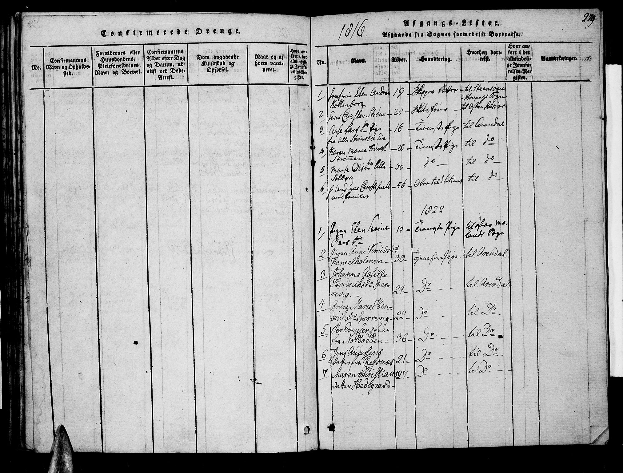 Øyestad sokneprestkontor, SAK/1111-0049/F/Fa/L0012: Parish register (official) no. A 12, 1816-1827, p. 279