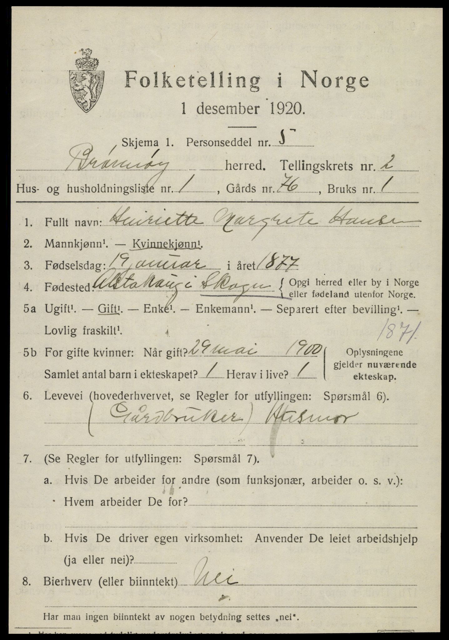 SAT, 1920 census for Brønnøy, 1920, p. 1852