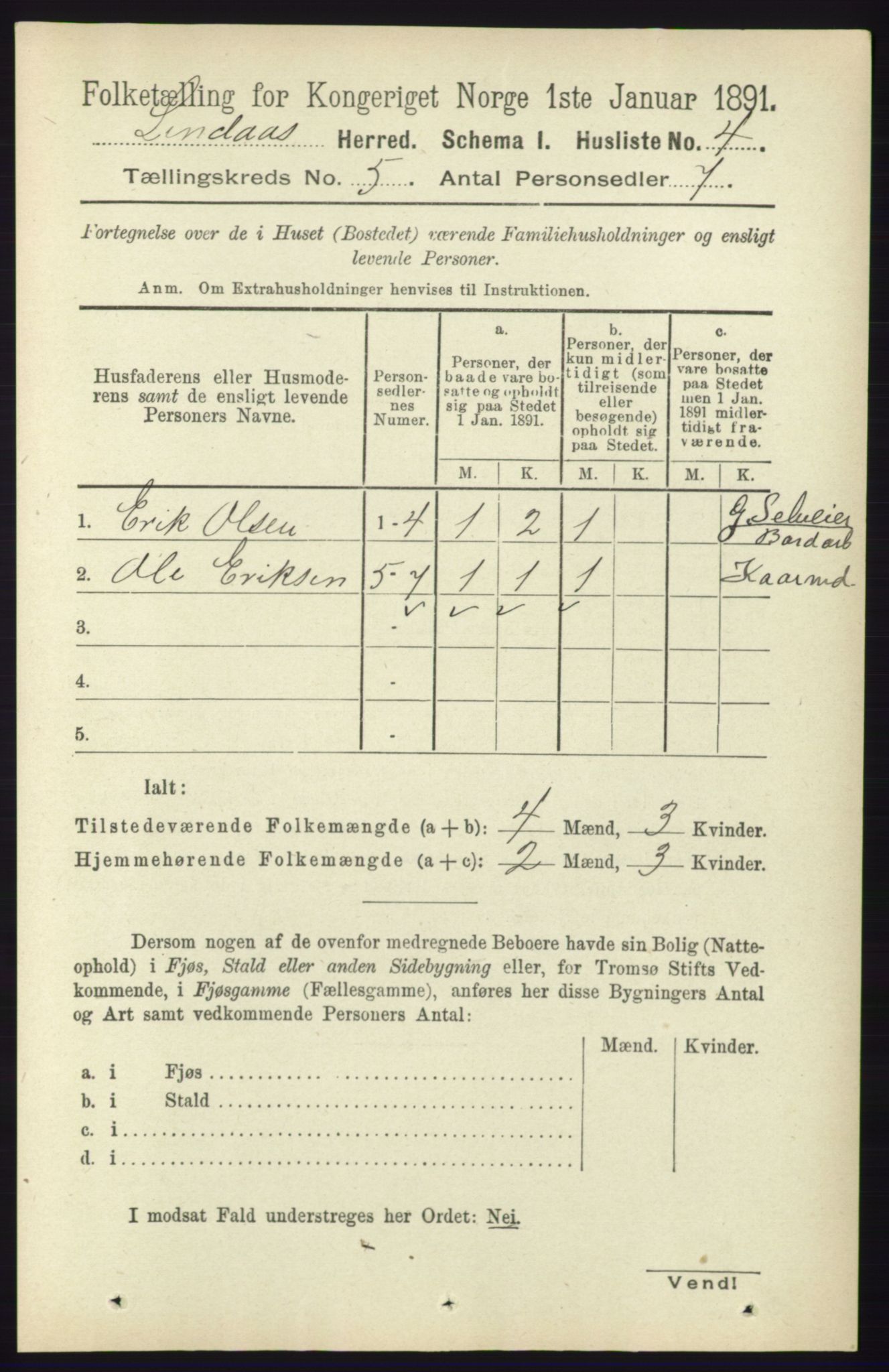 RA, 1891 census for 1263 Lindås, 1891, p. 1399