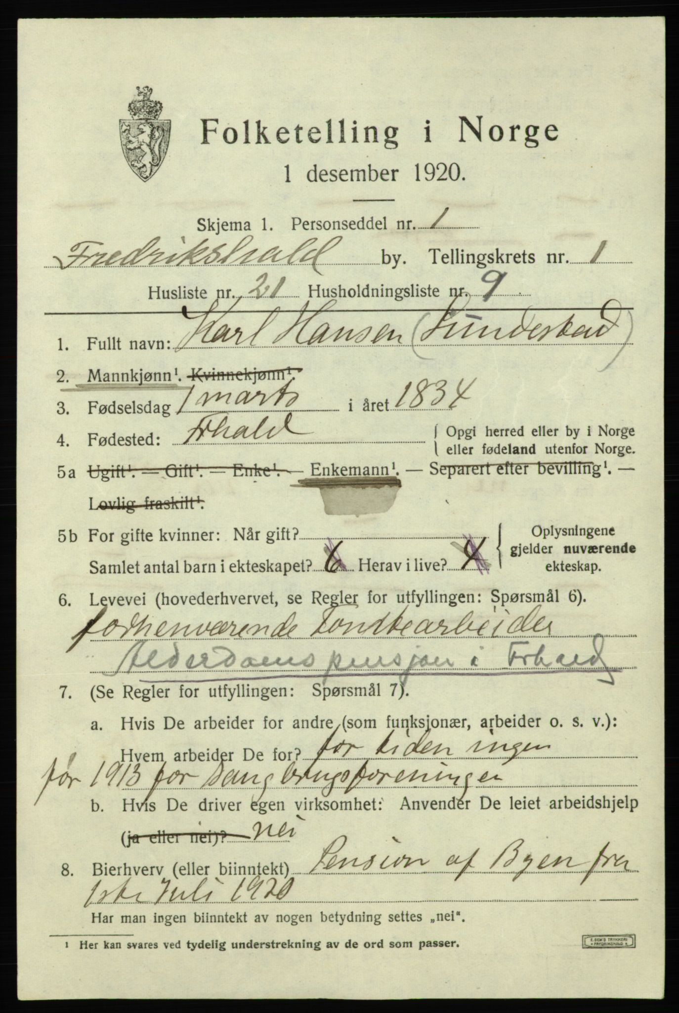 SAO, 1920 census for Fredrikshald, 1920, p. 8450
