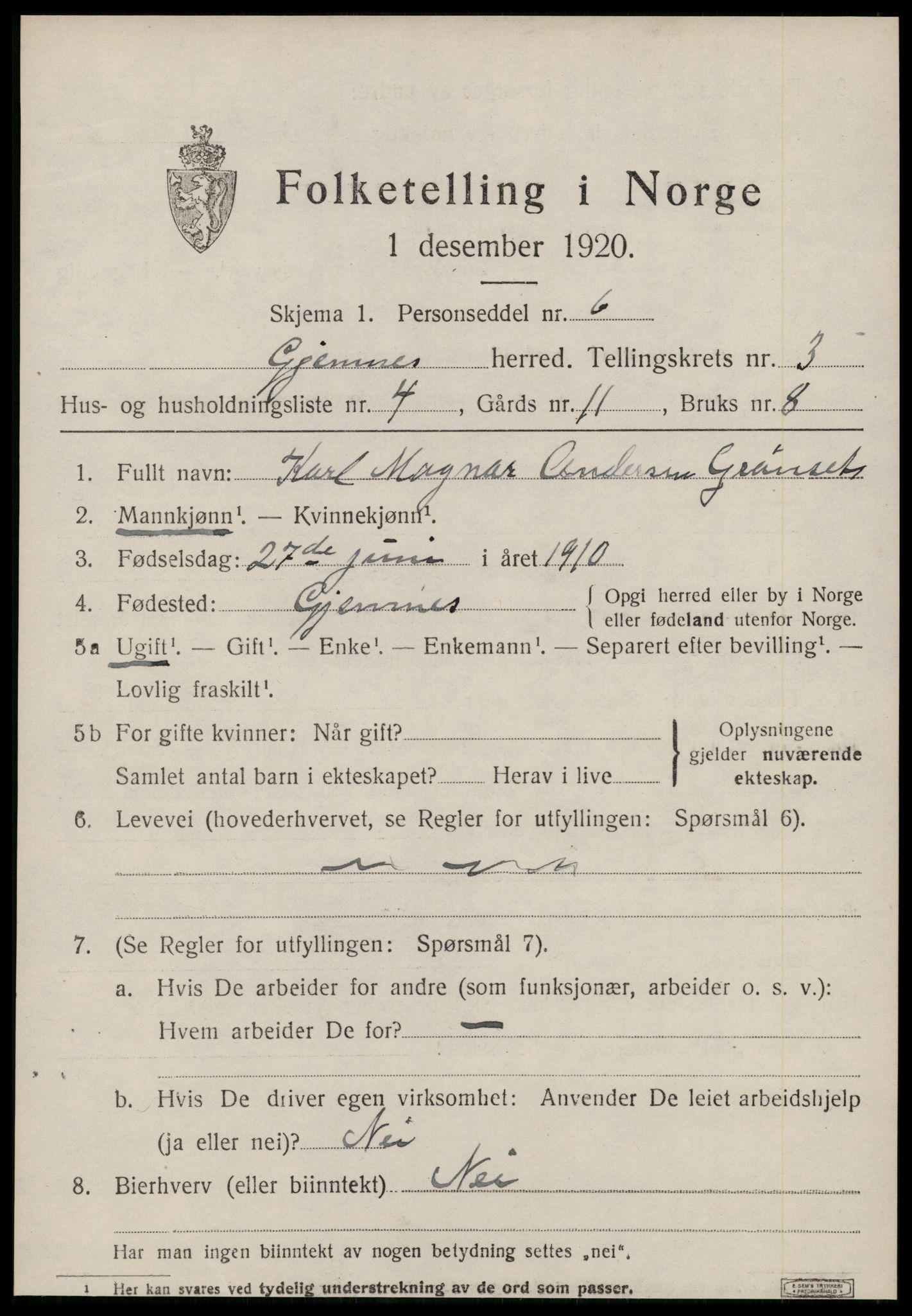SAT, 1920 census for Gjemnes, 1920, p. 1238