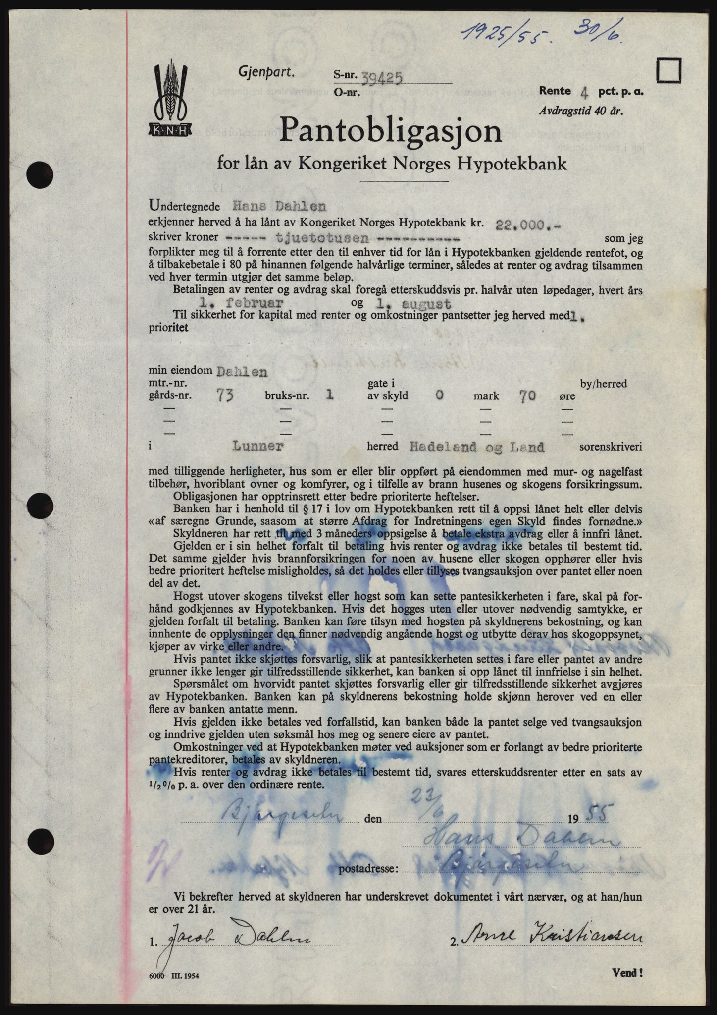 Hadeland og Land tingrett, SAH/TING-010/H/Hb/Hbc/L0032: Mortgage book no. B32, 1955-1955, Diary no: : 1925/1955