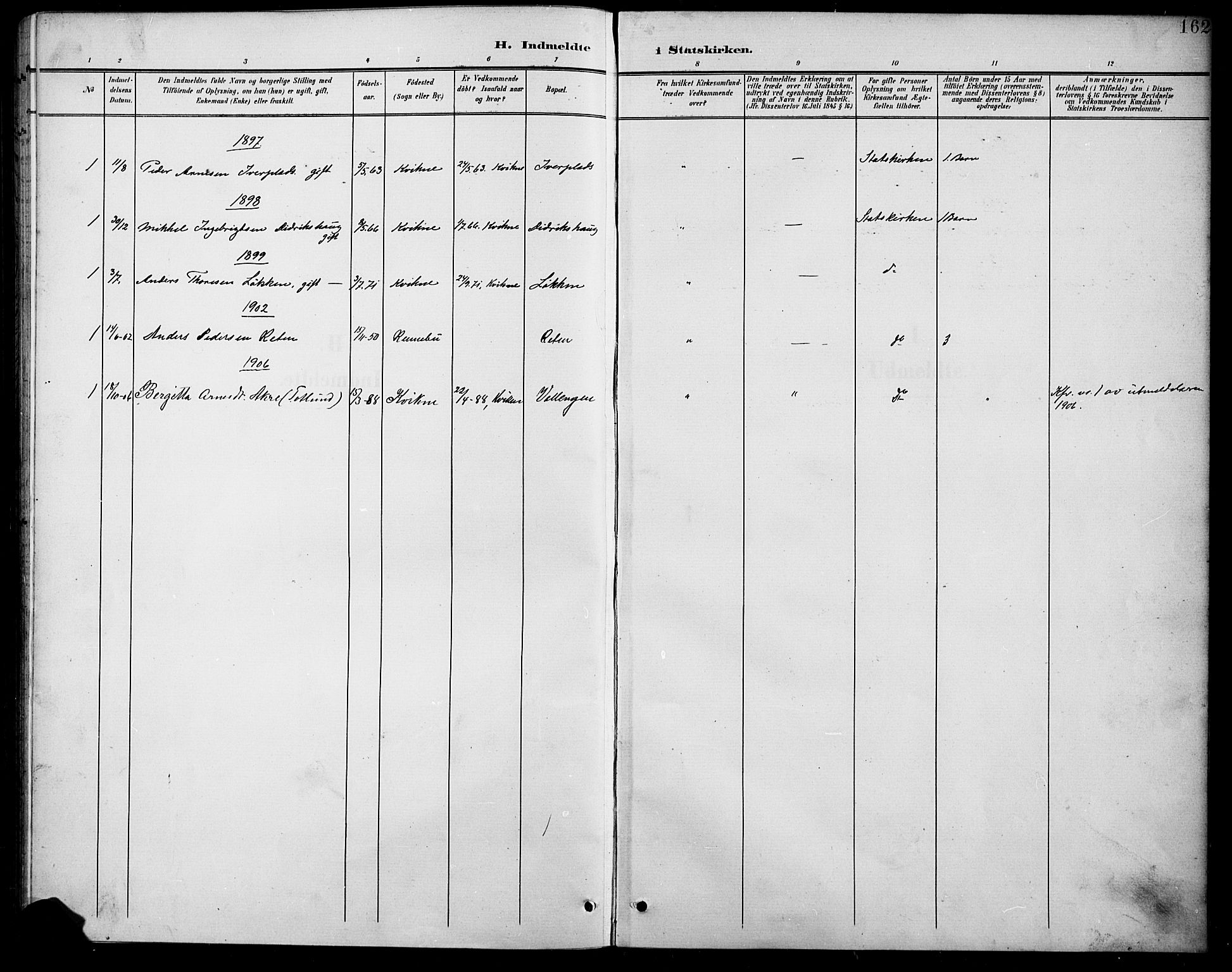 Kvikne prestekontor, SAH/PREST-064/H/Ha/Hab/L0003: Parish register (copy) no. 3, 1896-1918, p. 162