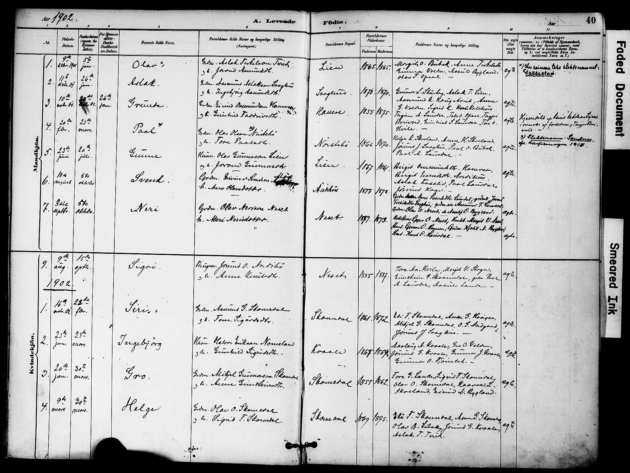 Bygland sokneprestkontor, AV/SAK-1111-0006/F/Fa/Fab/L0007: Parish register (official) no. A 7, 1885-1909, p. 40