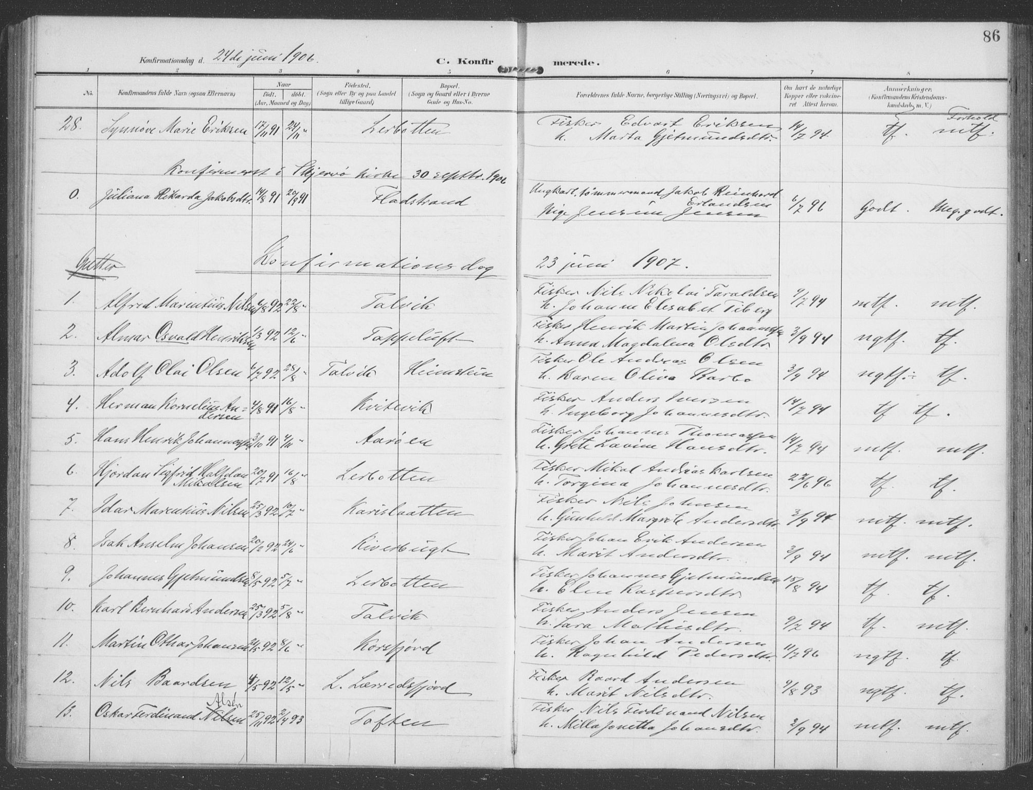 Talvik sokneprestkontor, SATØ/S-1337/H/Ha/L0017kirke: Parish register (official) no. 17, 1906-1915, p. 86