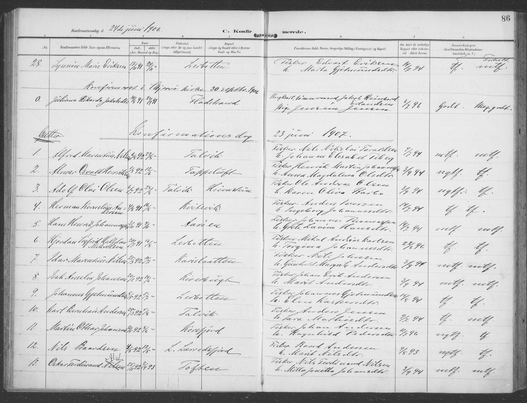 Talvik sokneprestkontor, AV/SATØ-S-1337/H/Ha/L0017kirke: Parish register (official) no. 17, 1906-1915, p. 86