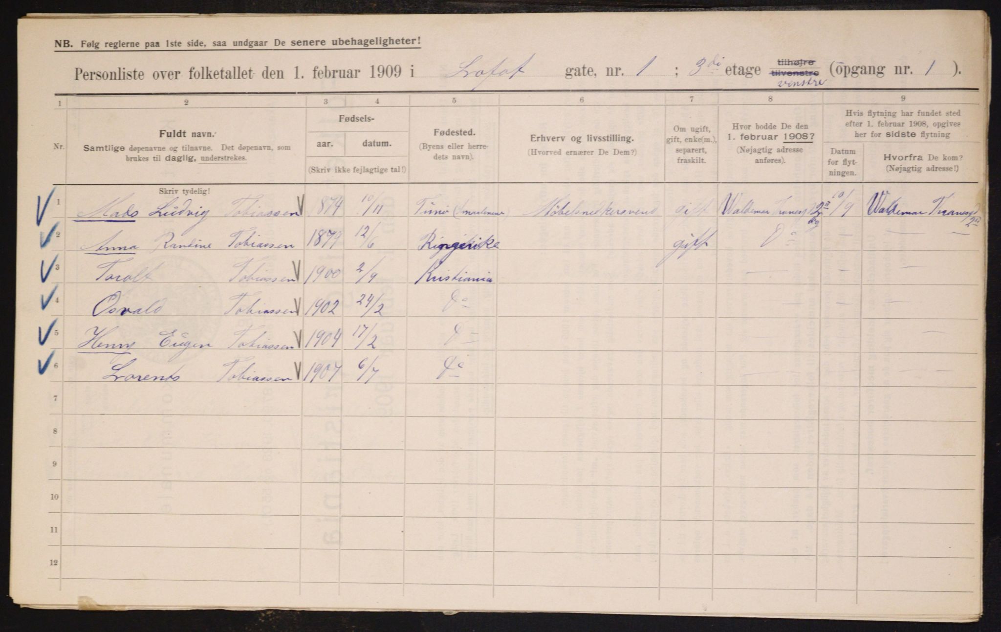 OBA, Municipal Census 1909 for Kristiania, 1909, p. 53076