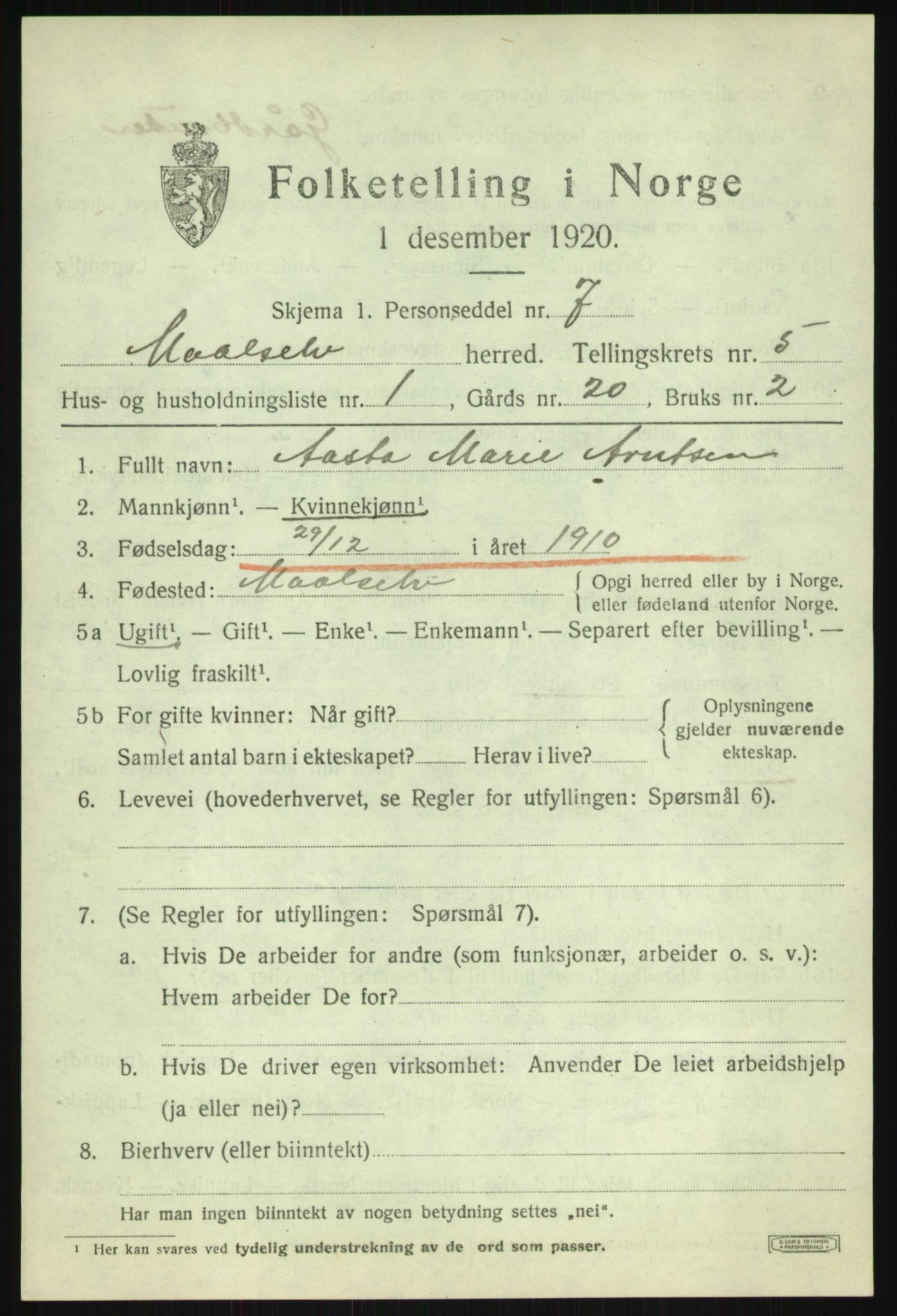 SATØ, 1920 census for Målselv, 1920, p. 3163