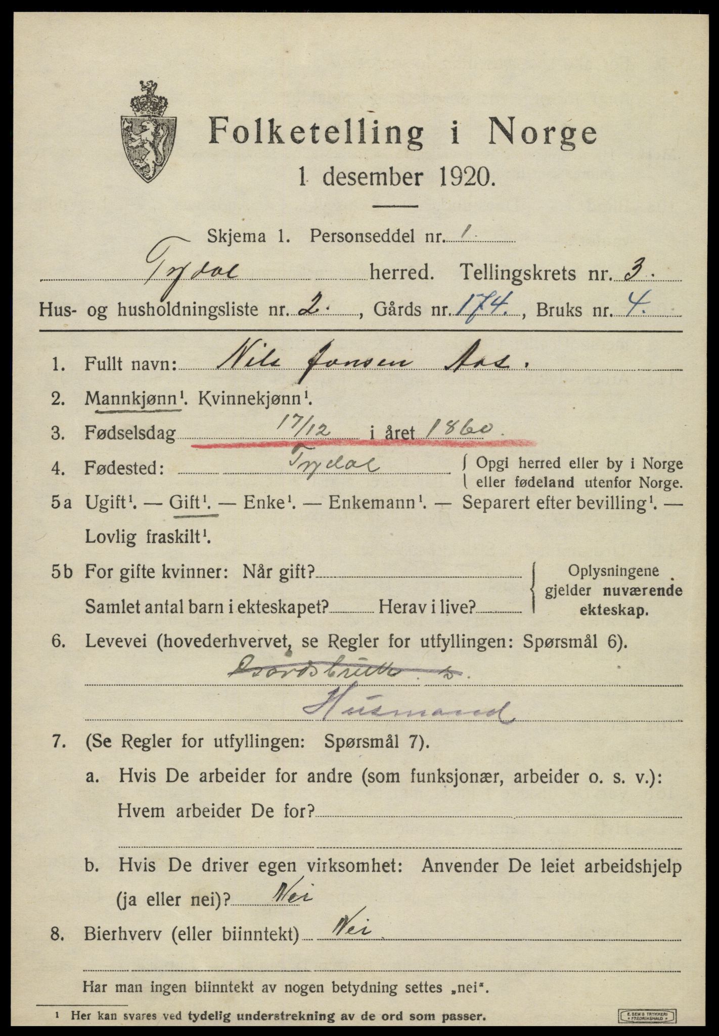 SAT, 1920 census for Tydal, 1920, p. 883