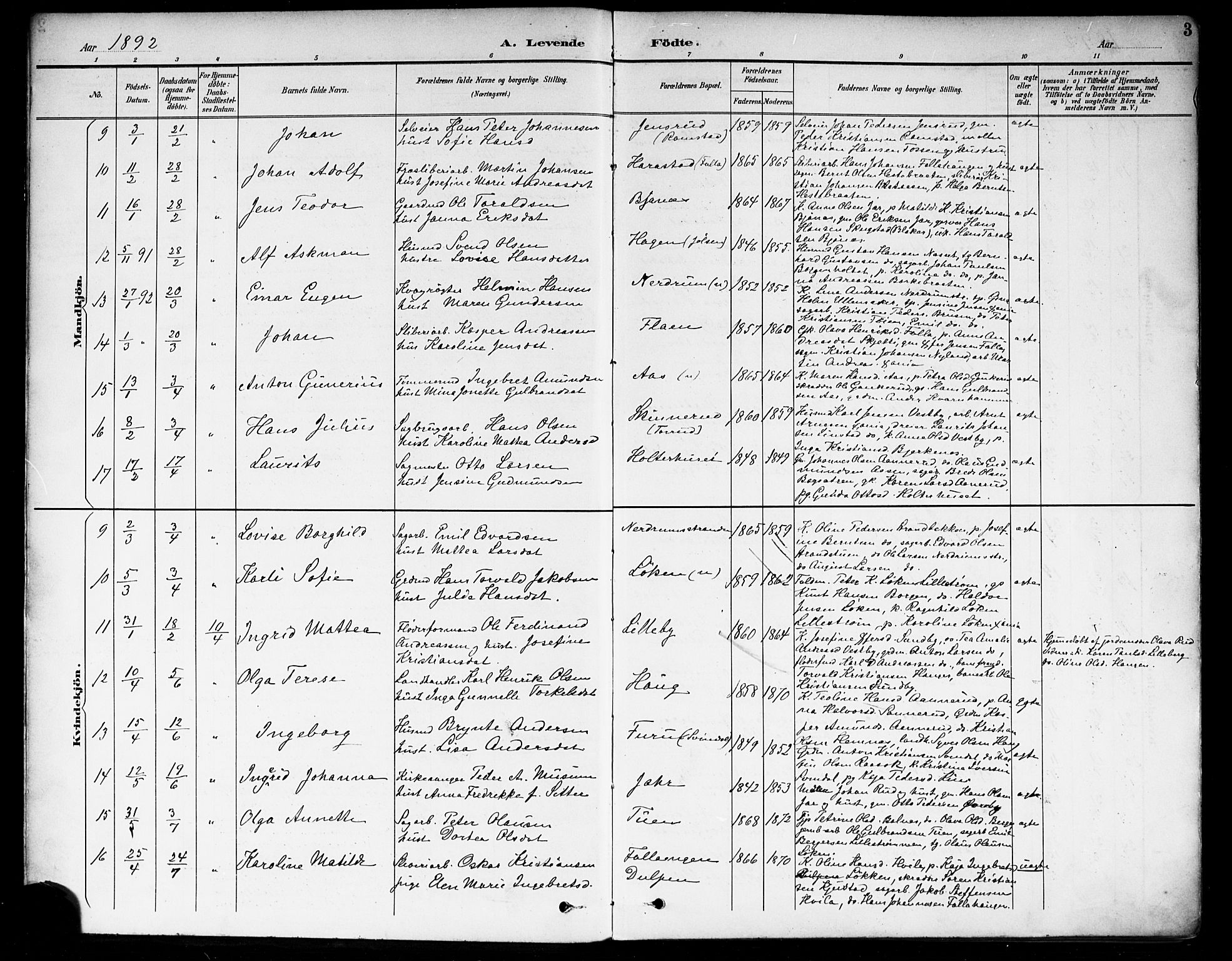Fet prestekontor Kirkebøker, AV/SAO-A-10370a/F/Fa/L0015: Parish register (official) no. I 15, 1892-1904, p. 3
