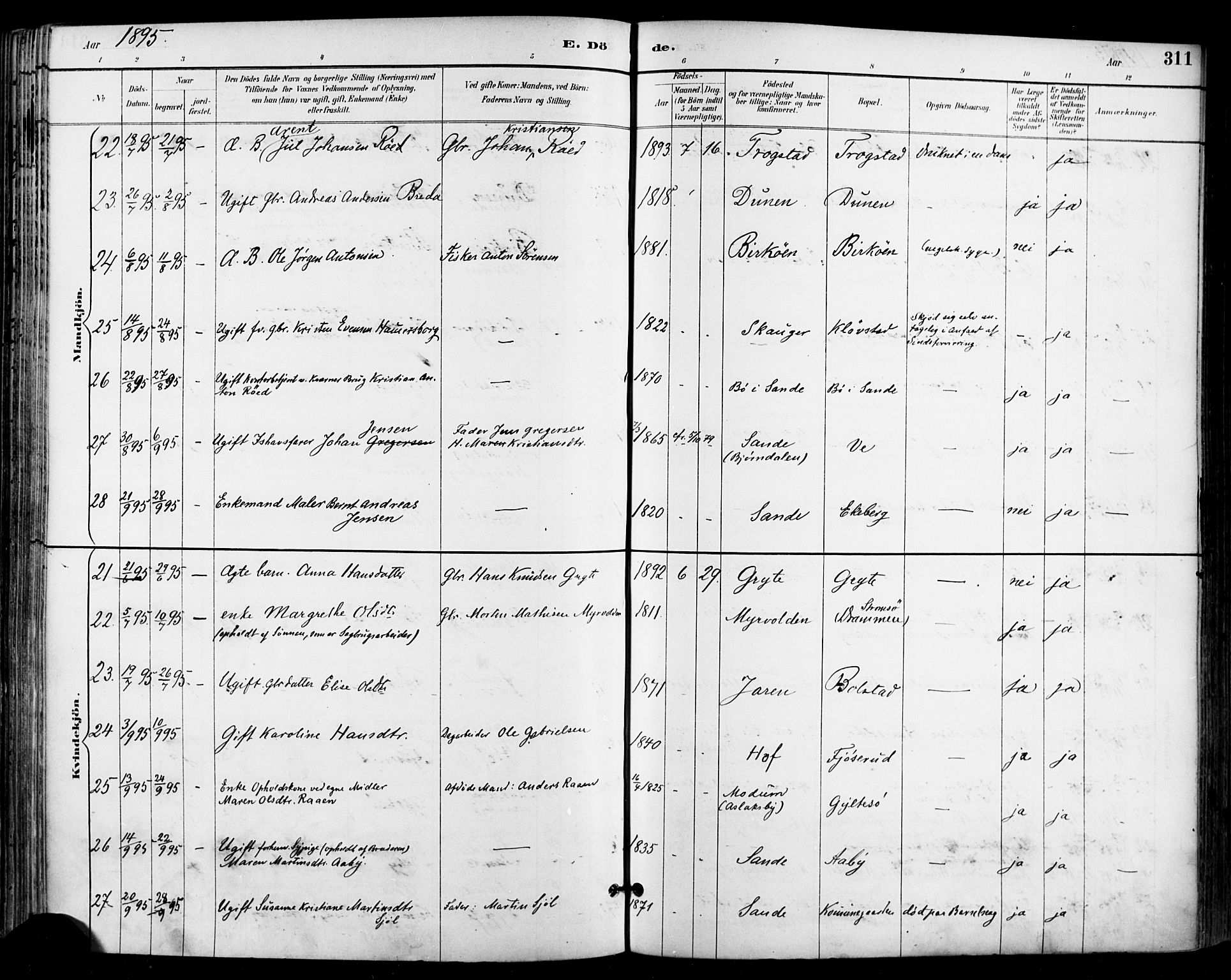 Sande Kirkebøker, SAKO/A-53/F/Fa/L0007: Parish register (official) no. 7, 1888-1903, p. 311