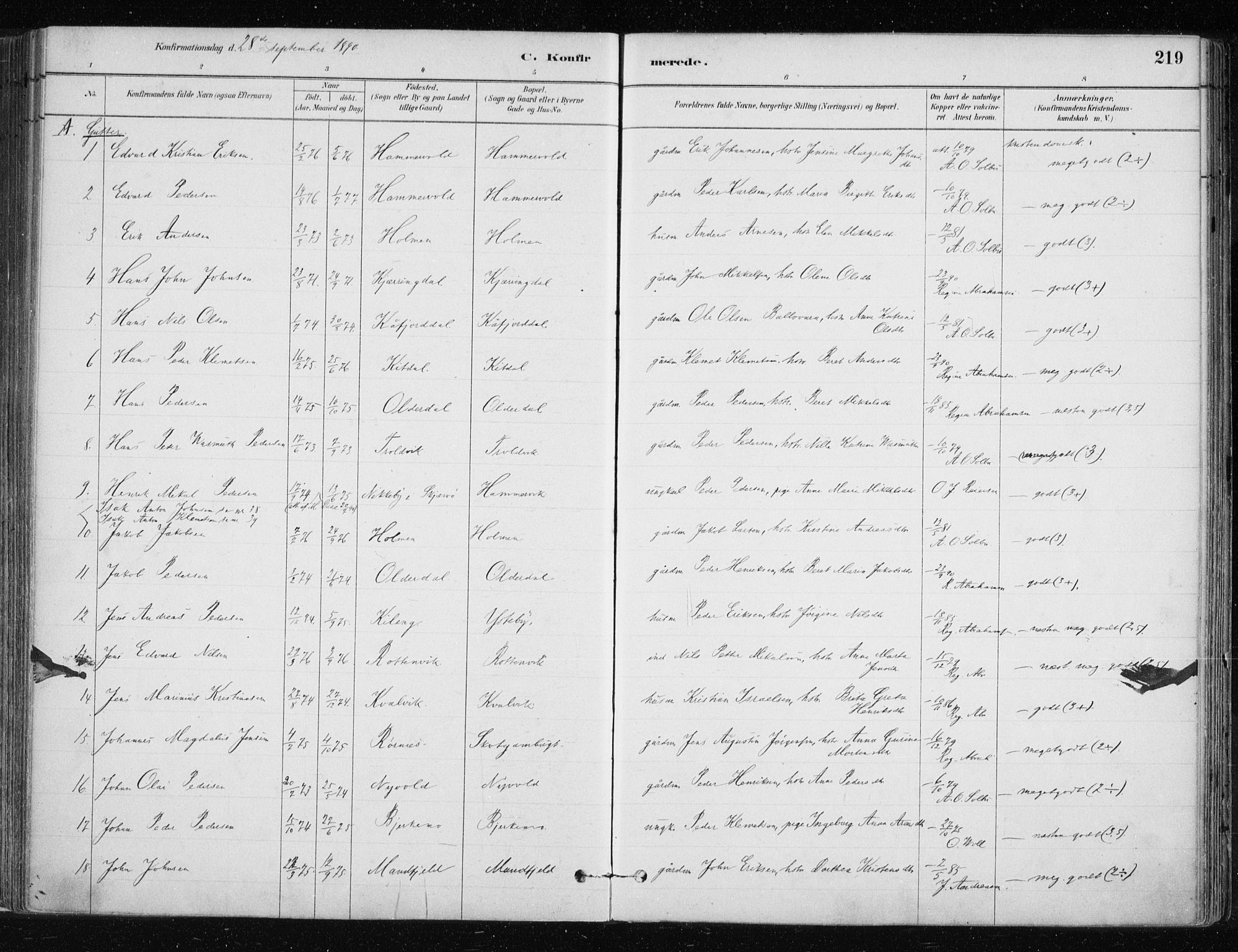 Lyngen sokneprestembete, AV/SATØ-S-1289/H/He/Hea/L0007kirke: Parish register (official) no. 7, 1879-1890, p. 219