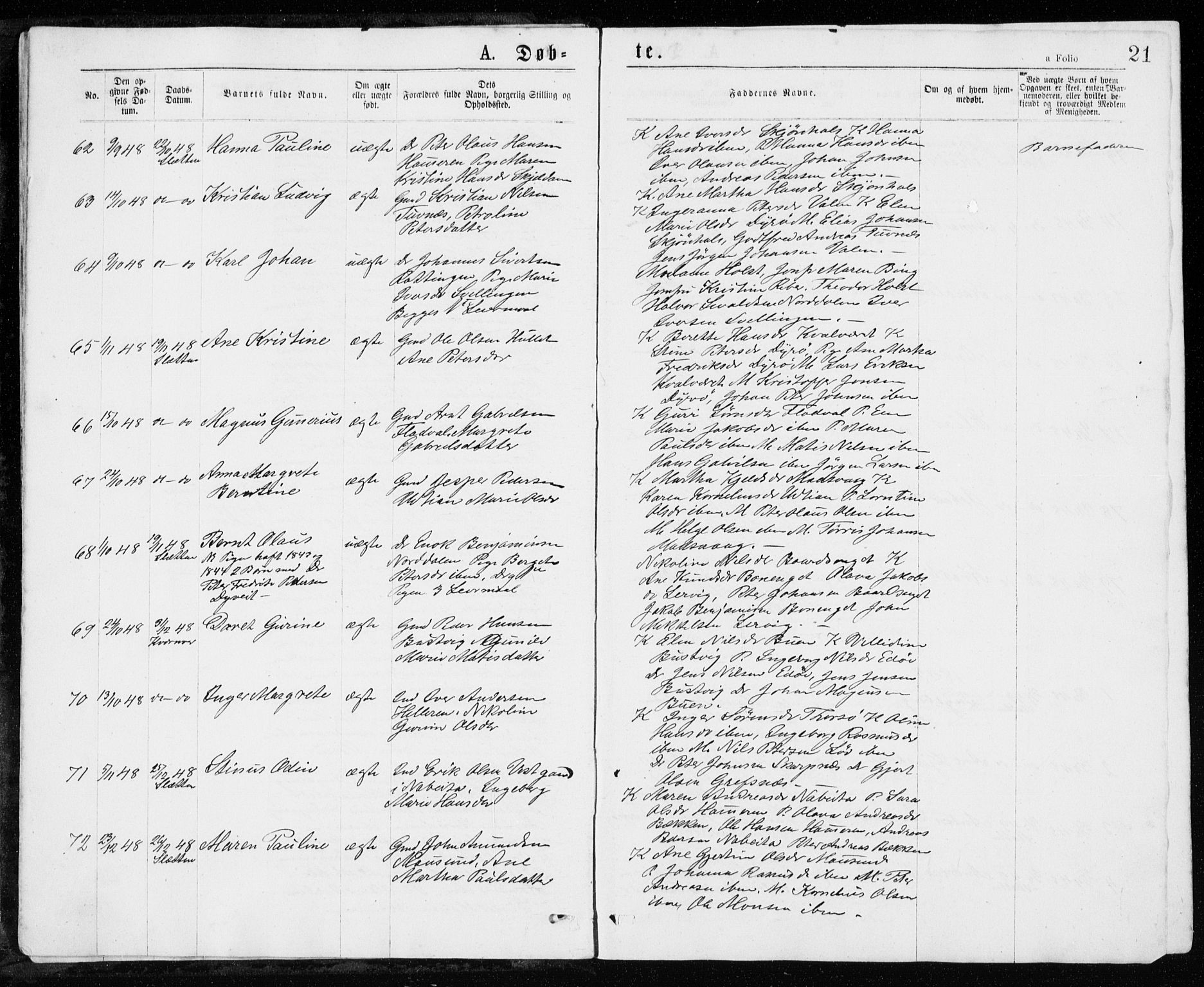 Ministerialprotokoller, klokkerbøker og fødselsregistre - Sør-Trøndelag, SAT/A-1456/640/L0576: Parish register (official) no. 640A01, 1846-1876, p. 21