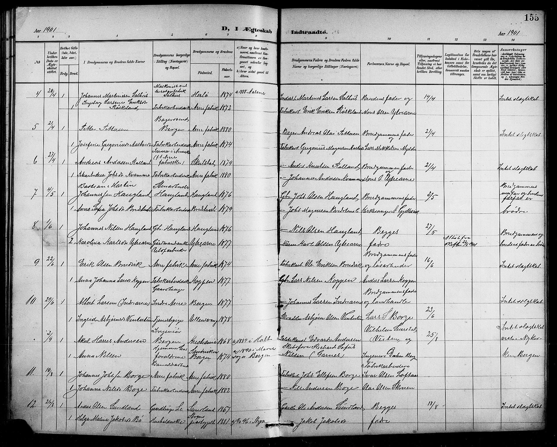 Arna Sokneprestembete, AV/SAB-A-74001/H/Ha/Hab: Parish register (copy) no. A 4, 1898-1910, p. 155