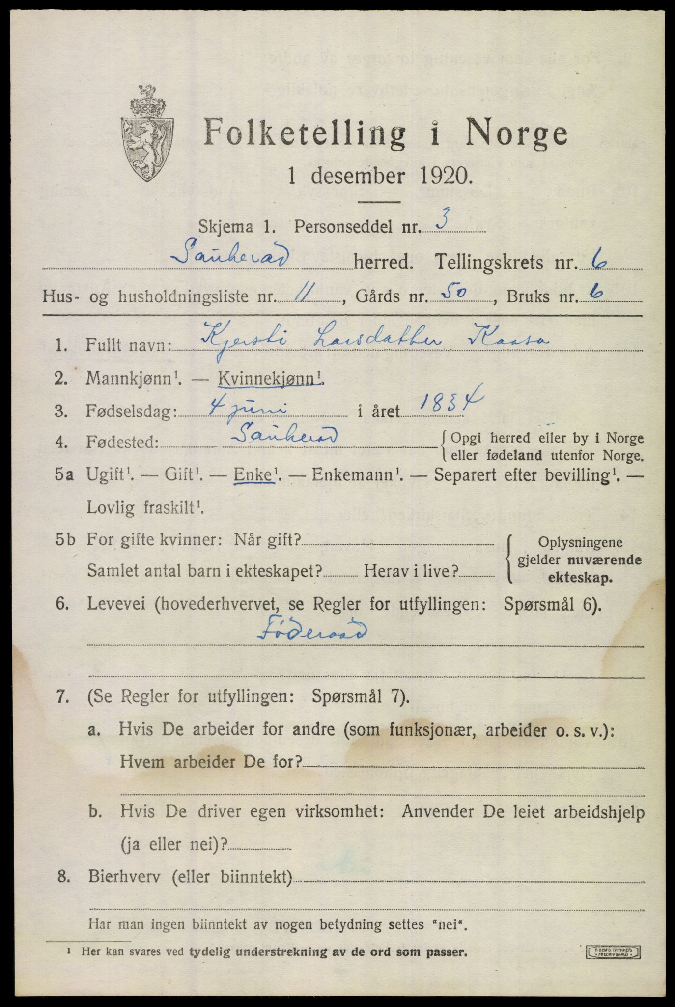 SAKO, 1920 census for Sauherad, 1920, p. 5179