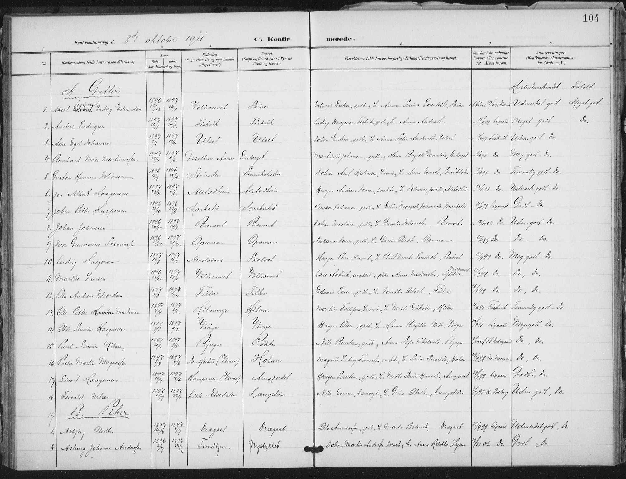 Ministerialprotokoller, klokkerbøker og fødselsregistre - Nord-Trøndelag, SAT/A-1458/712/L0101: Parish register (official) no. 712A02, 1901-1916, p. 104
