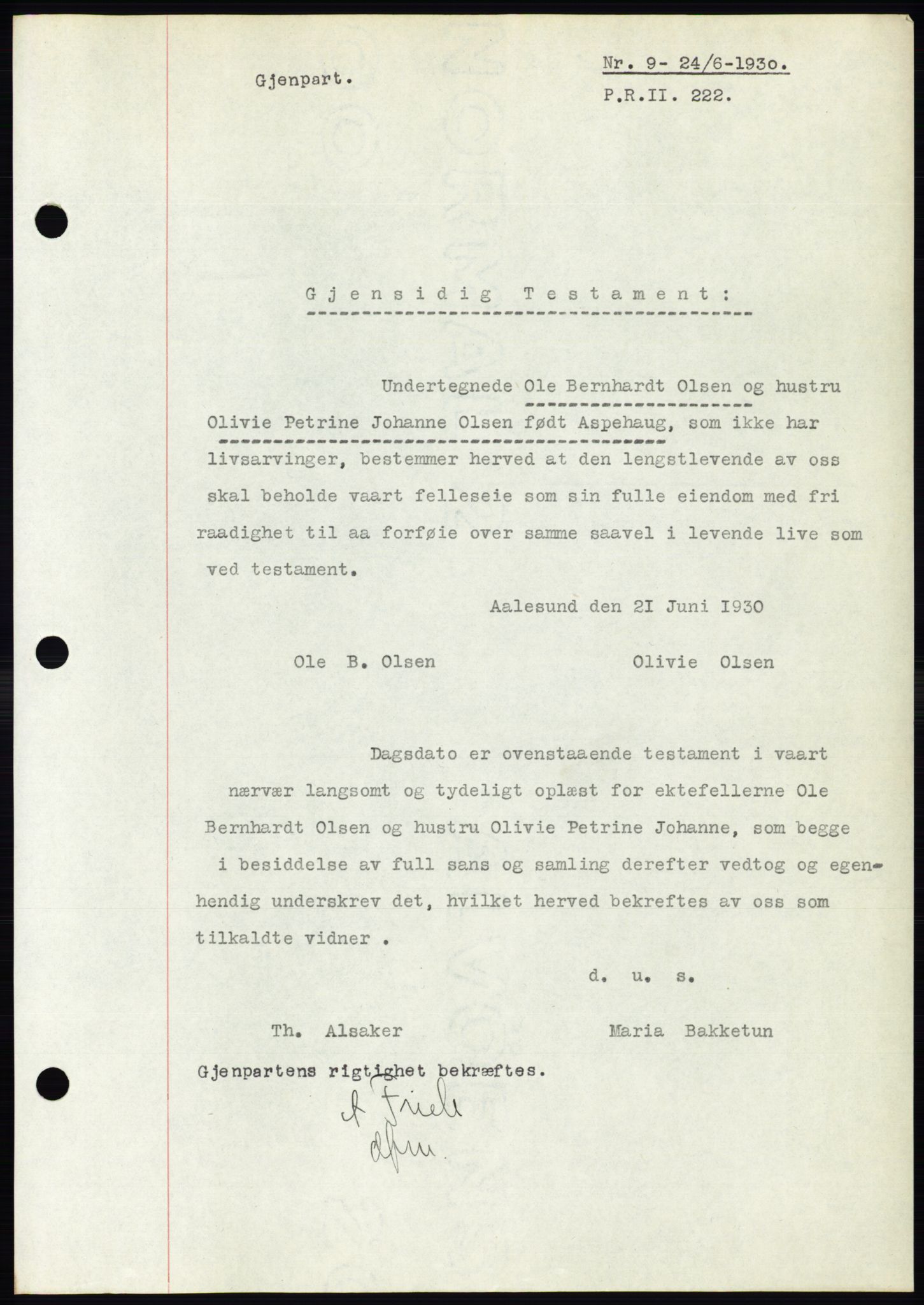 Ålesund byfogd, AV/SAT-A-4384: Mortgage book no. 26, 1930-1930, Deed date: 24.06.1930