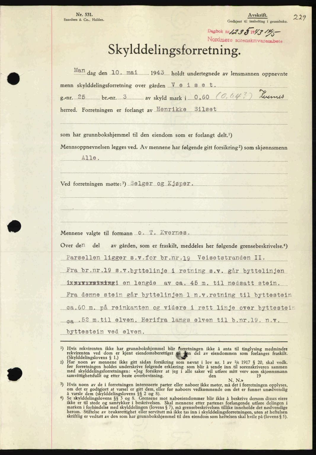 Nordmøre sorenskriveri, AV/SAT-A-4132/1/2/2Ca: Mortgage book no. A95, 1943-1943, Diary no: : 1235/1943