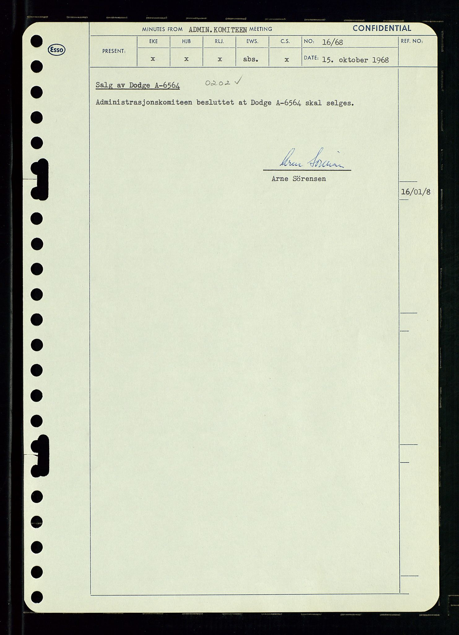 Pa 0982 - Esso Norge A/S, AV/SAST-A-100448/A/Aa/L0002/0004: Den administrerende direksjon Board minutes (styrereferater) / Den administrerende direksjon Board minutes (styrereferater), 1968, p. 96