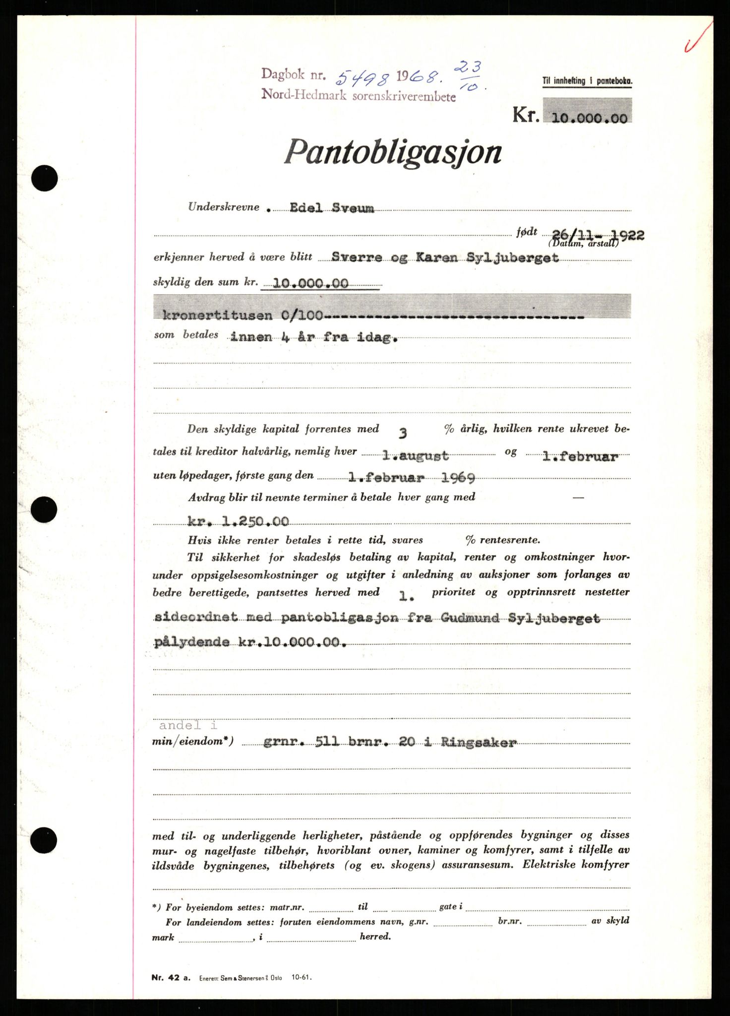 Nord-Hedmark sorenskriveri, SAH/TING-012/H/Hb/Hbf/L0077: Mortgage book no. B77, 1968-1969, Diary no: : 5498/1968