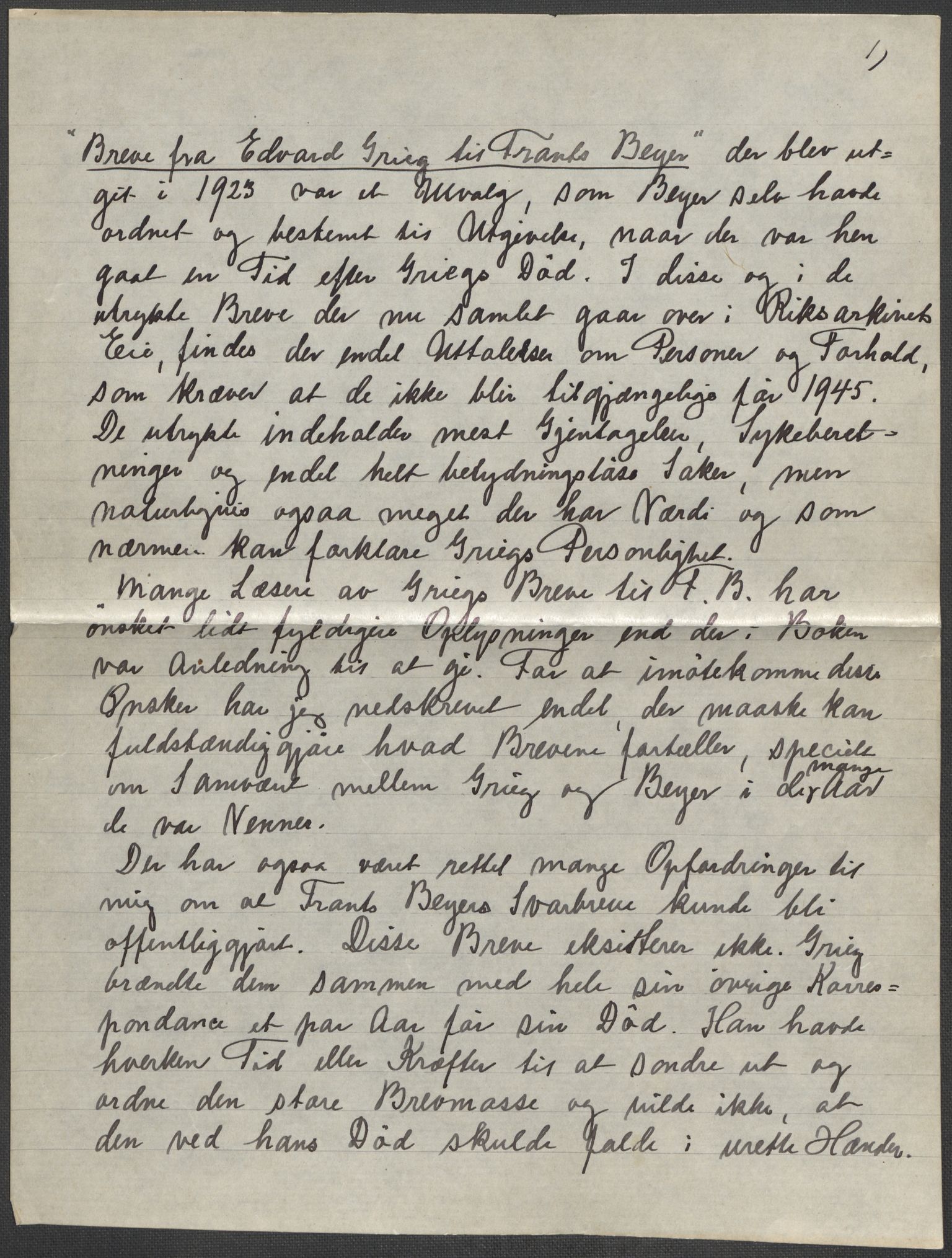 Beyer, Frants, AV/RA-PA-0132/F/L0001: Brev fra Edvard Grieg til Frantz Beyer og "En del optegnelser som kan tjene til kommentar til brevene" av Marie Beyer, 1872-1907, p. 9