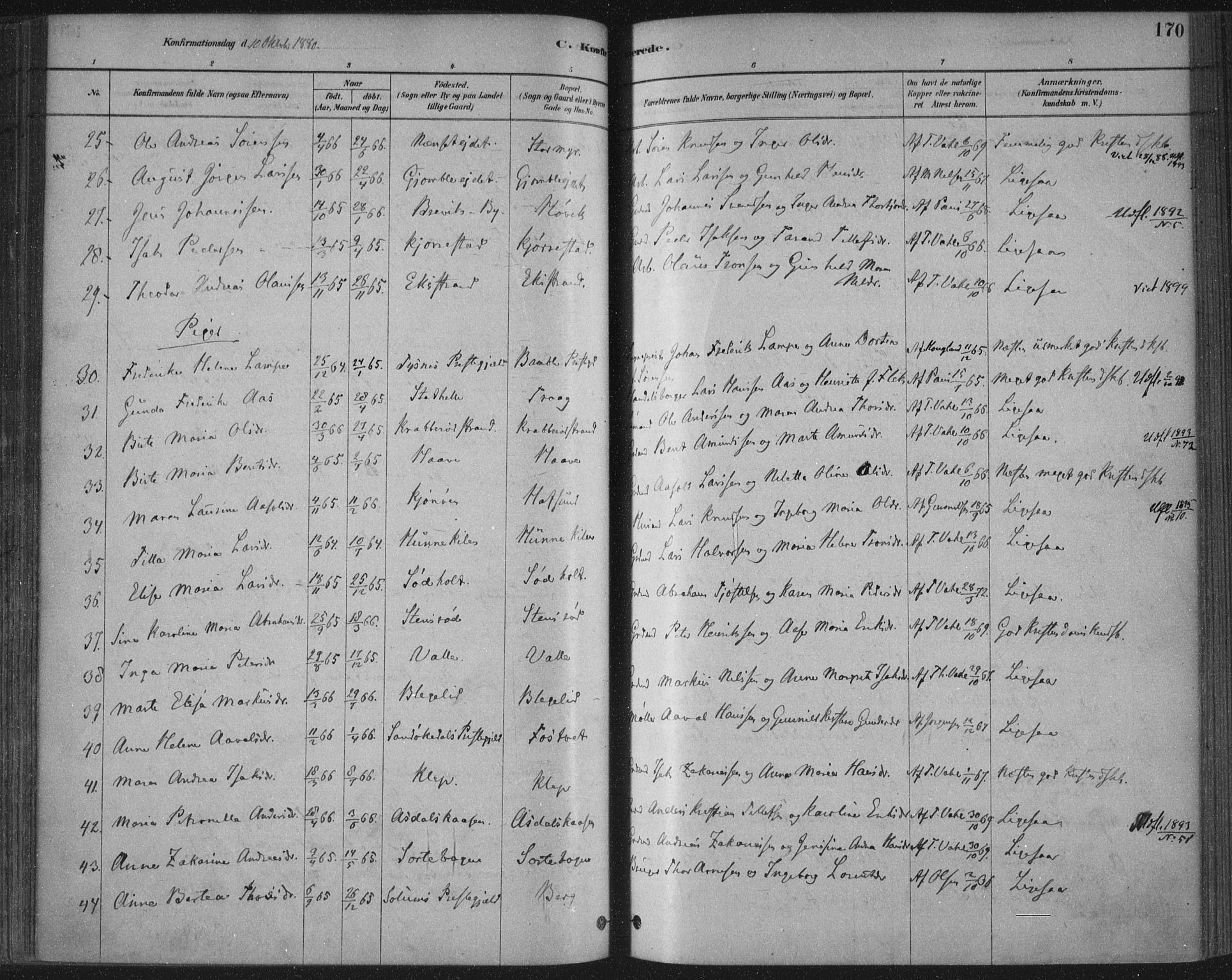 Bamble kirkebøker, AV/SAKO-A-253/F/Fa/L0007: Parish register (official) no. I 7, 1878-1888, p. 170