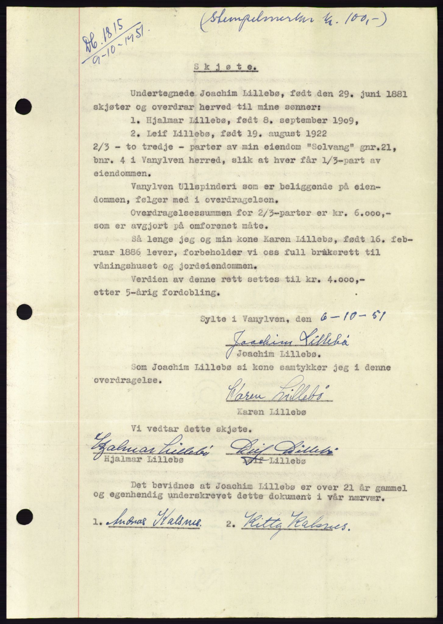 Søre Sunnmøre sorenskriveri, AV/SAT-A-4122/1/2/2C/L0090: Mortgage book no. 16A, 1951-1951, Diary no: : 1815/1951