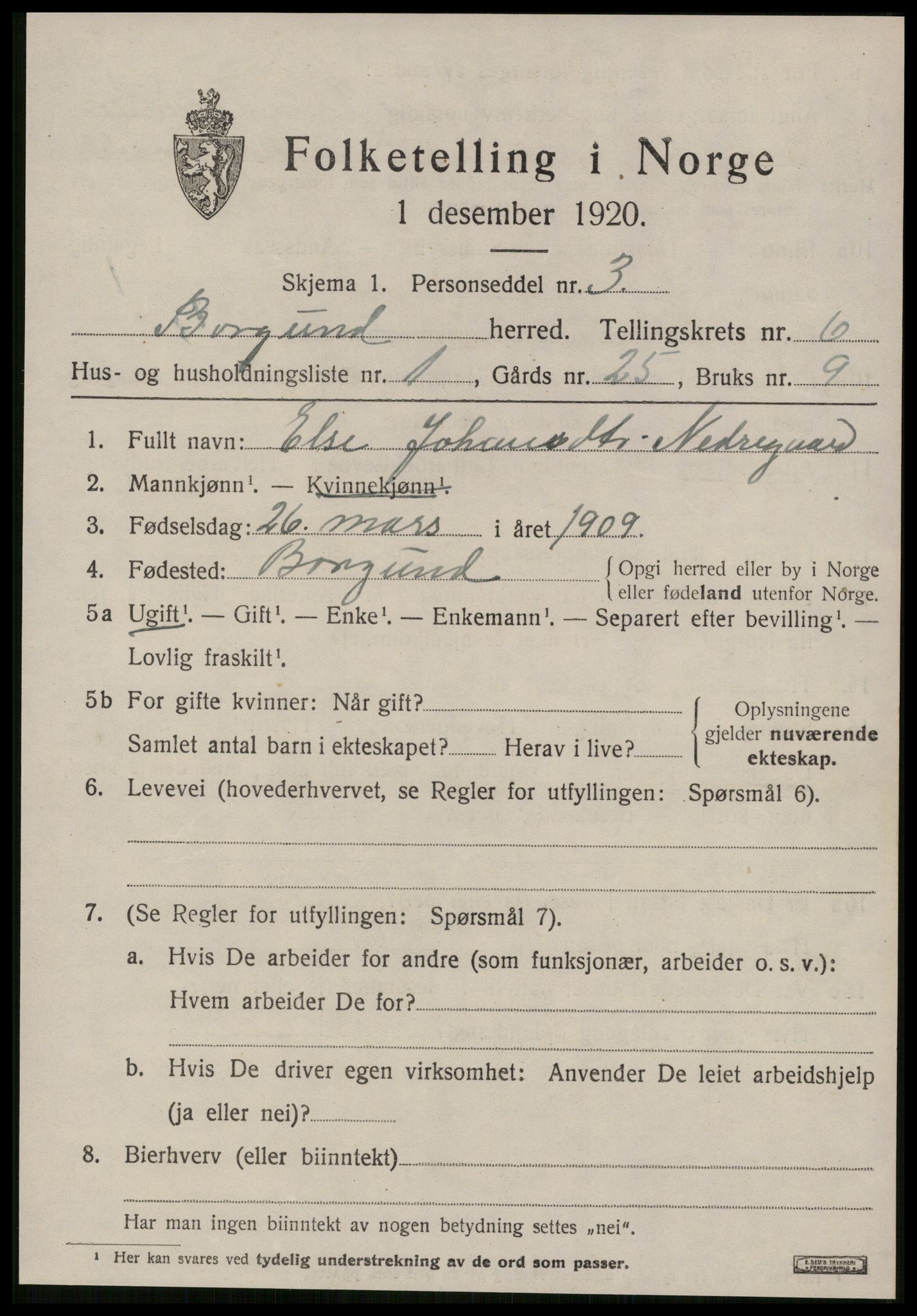 SAT, 1920 census for Borgund, 1920, p. 5112