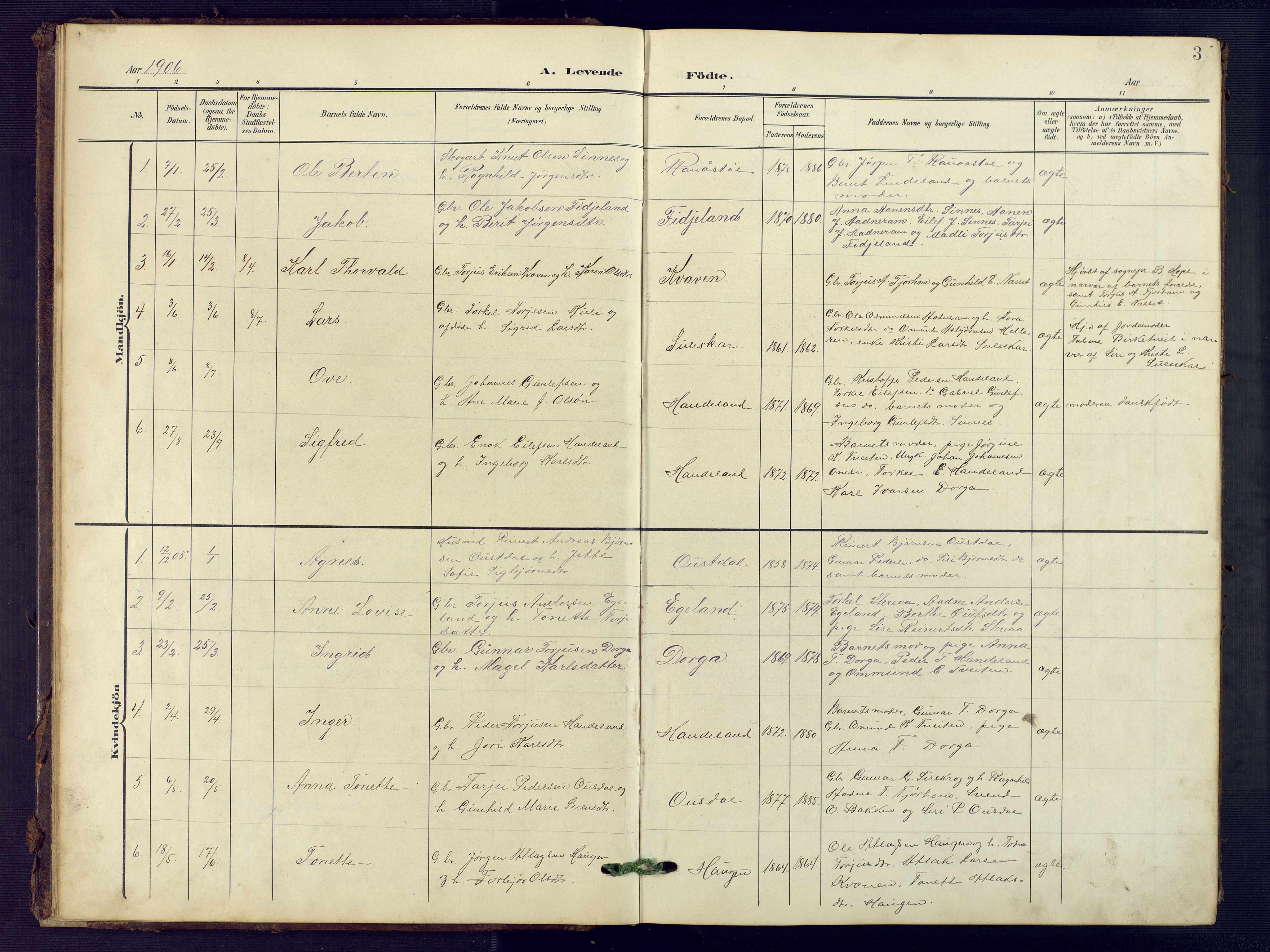 Sirdal sokneprestkontor, SAK/1111-0036/F/Fb/Fba/L0002: Parish register (copy) no. B 2, 1905-1958, p. 3