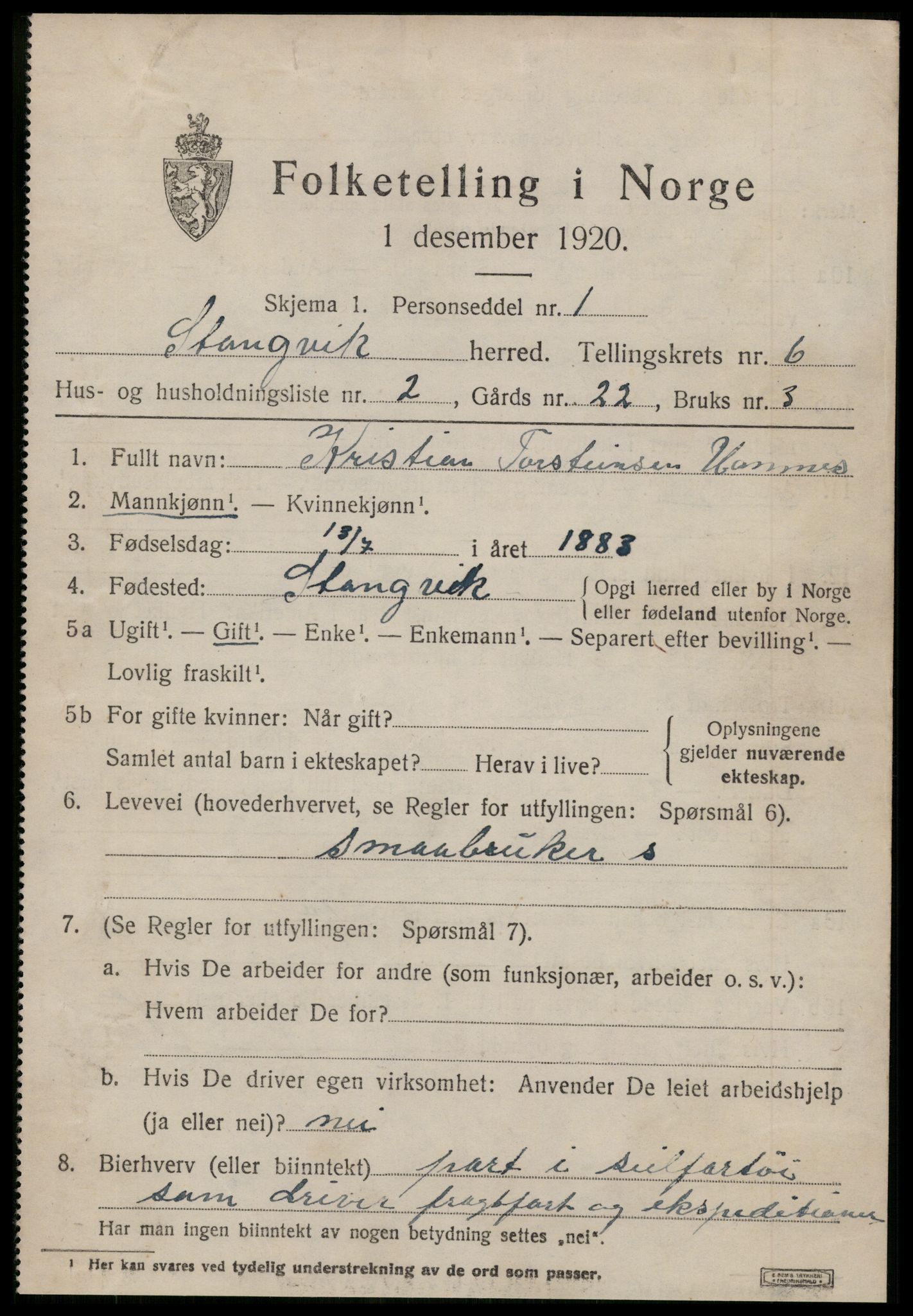 SAT, 1920 census for Stangvik, 1920, p. 3838