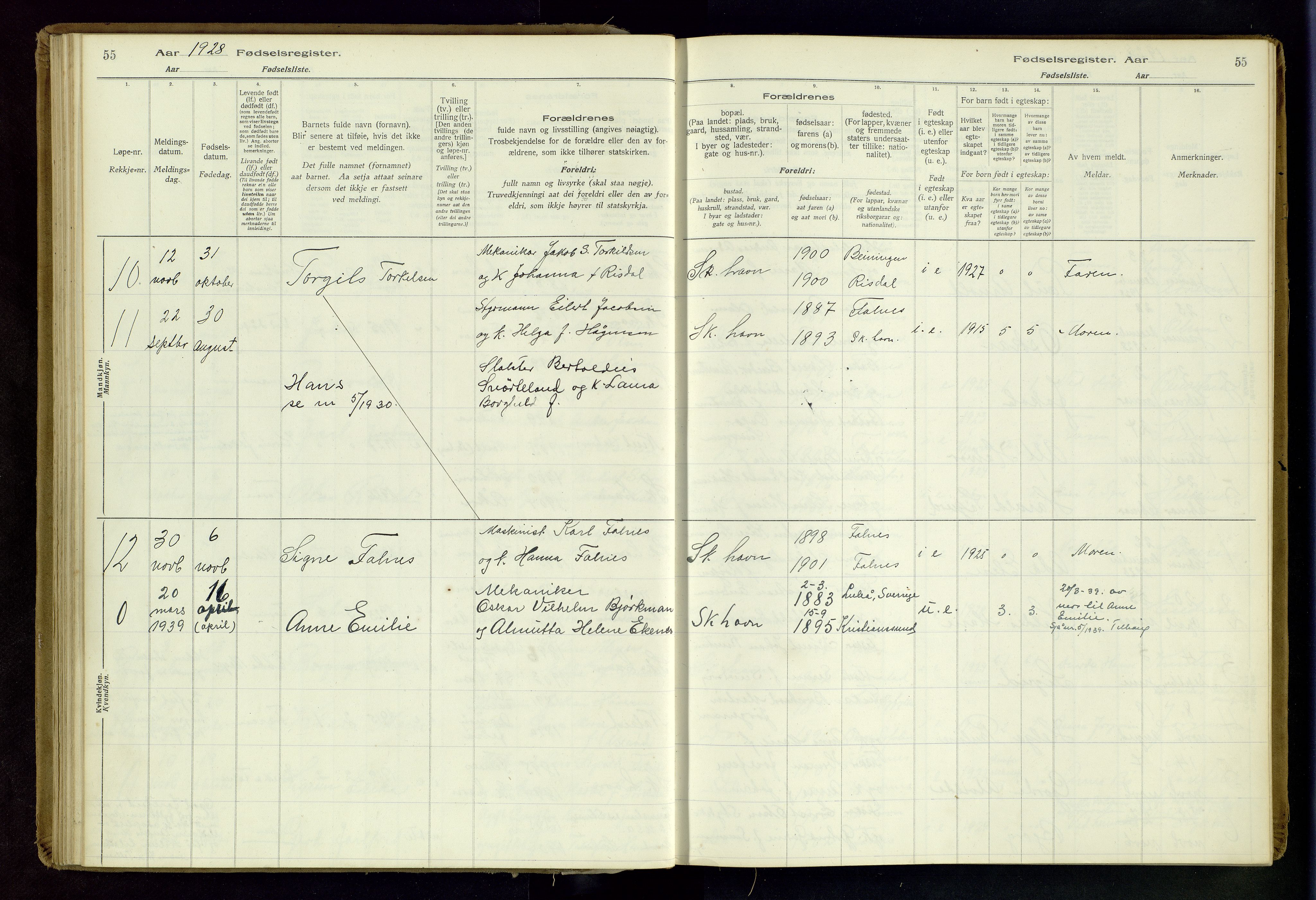 Skudenes sokneprestkontor, AV/SAST-A -101849/I/Id/L0003: Birth register no. 3, 1916-1964, p. 55