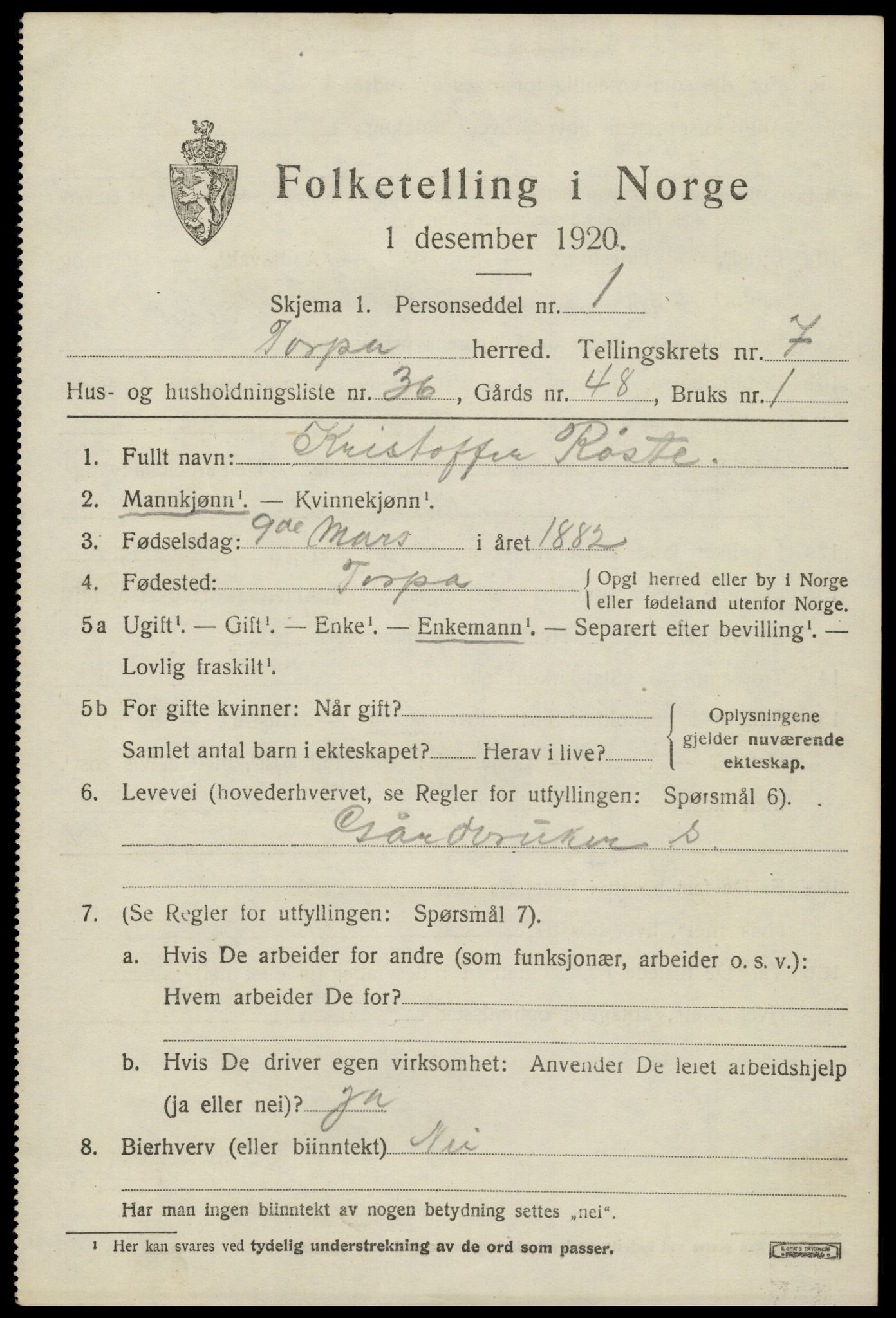 SAH, 1920 census for Torpa, 1920, p. 4607