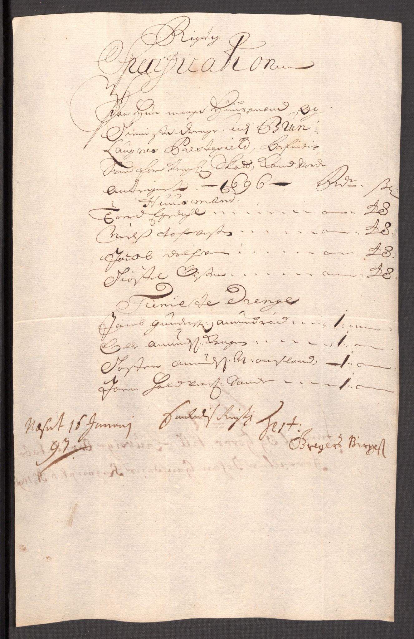 Rentekammeret inntil 1814, Reviderte regnskaper, Fogderegnskap, RA/EA-4092/R33/L1975: Fogderegnskap Larvik grevskap, 1696-1697, p. 75