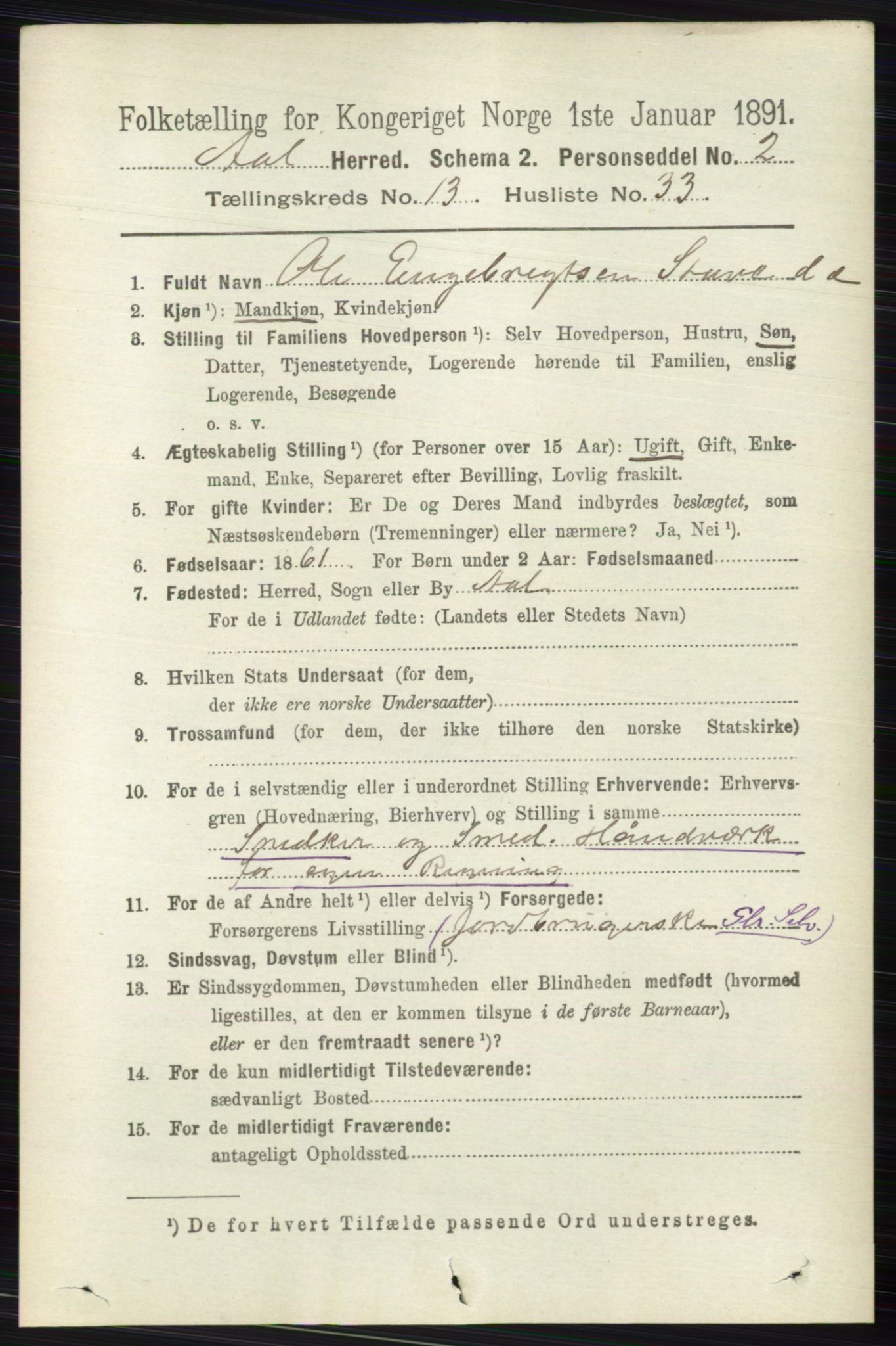 RA, 1891 census for 0619 Ål, 1891, p. 3437