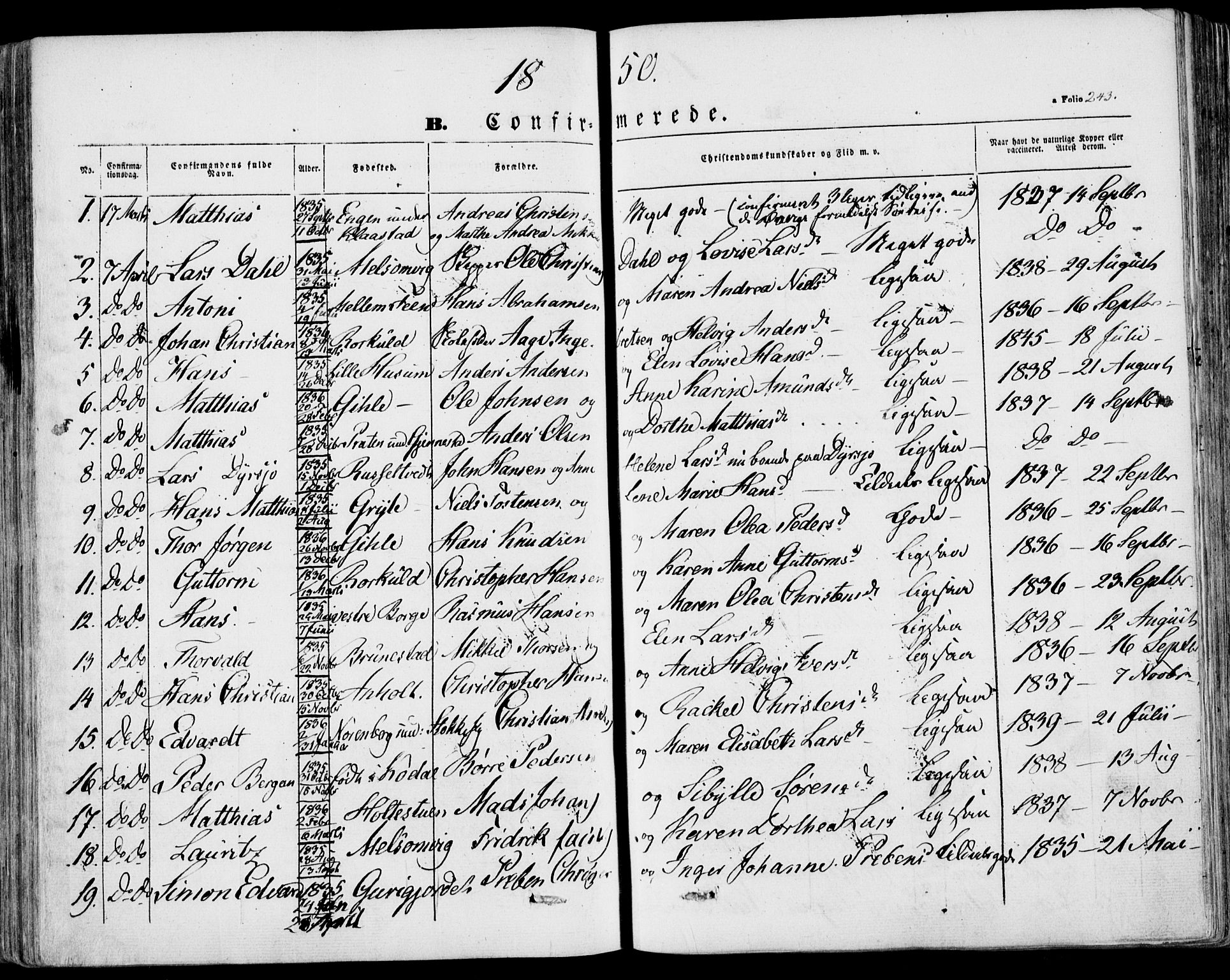 Stokke kirkebøker, AV/SAKO-A-320/F/Fa/L0007: Parish register (official) no. I 7, 1844-1857, p. 243