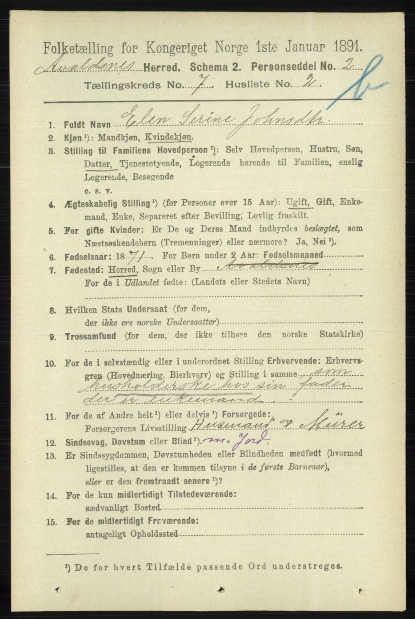 RA, 1891 census for 1147 Avaldsnes, 1891, p. 3667