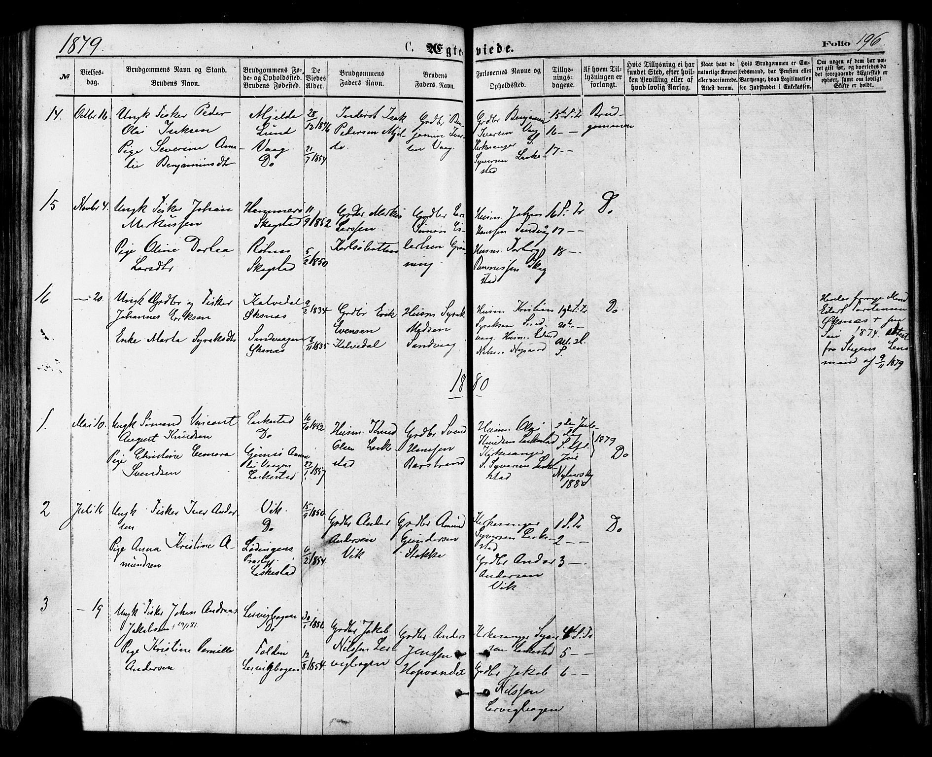 Ministerialprotokoller, klokkerbøker og fødselsregistre - Nordland, SAT/A-1459/855/L0802: Parish register (official) no. 855A10, 1875-1886, p. 196