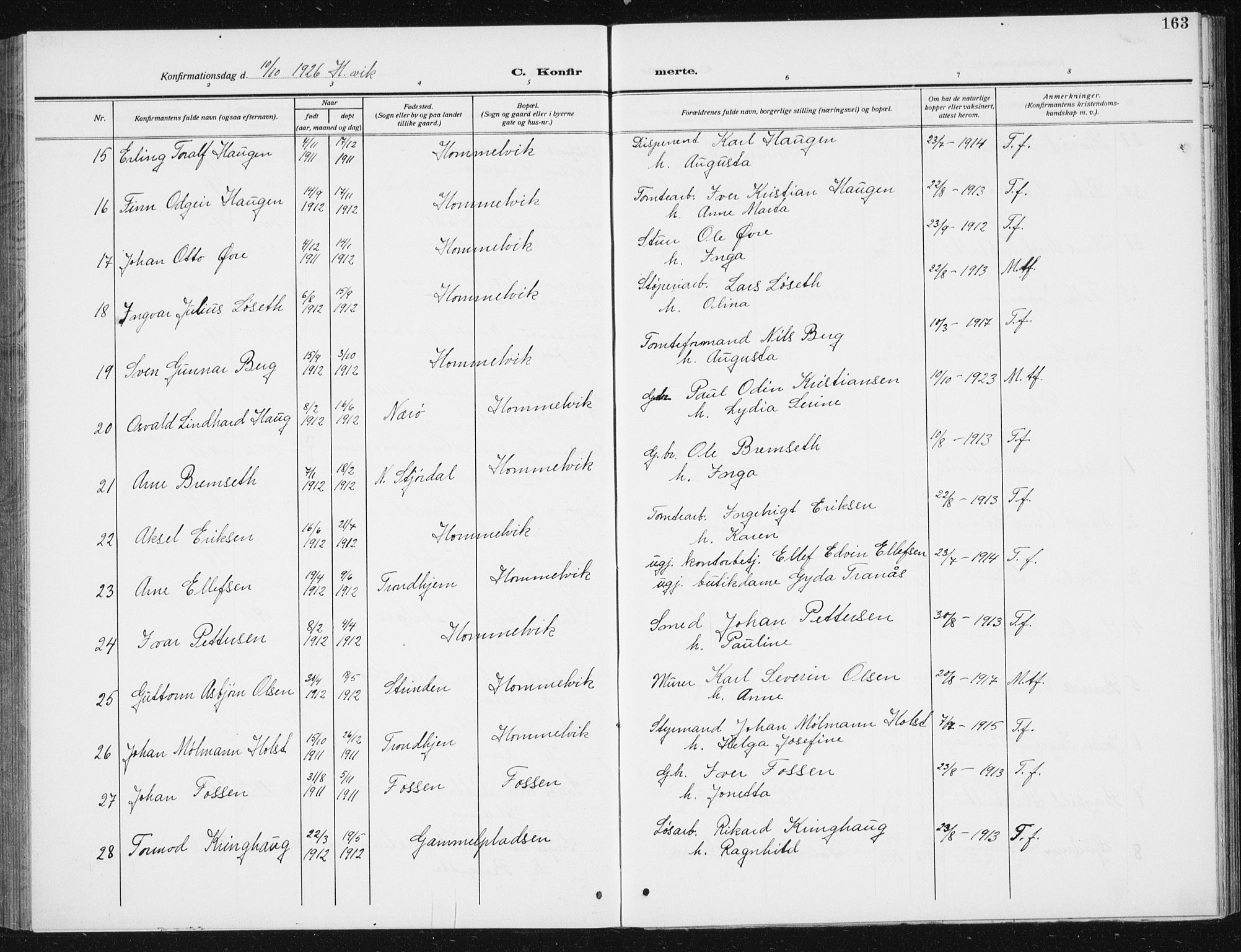 Ministerialprotokoller, klokkerbøker og fødselsregistre - Sør-Trøndelag, SAT/A-1456/617/L0431: Parish register (copy) no. 617C02, 1910-1936, p. 163