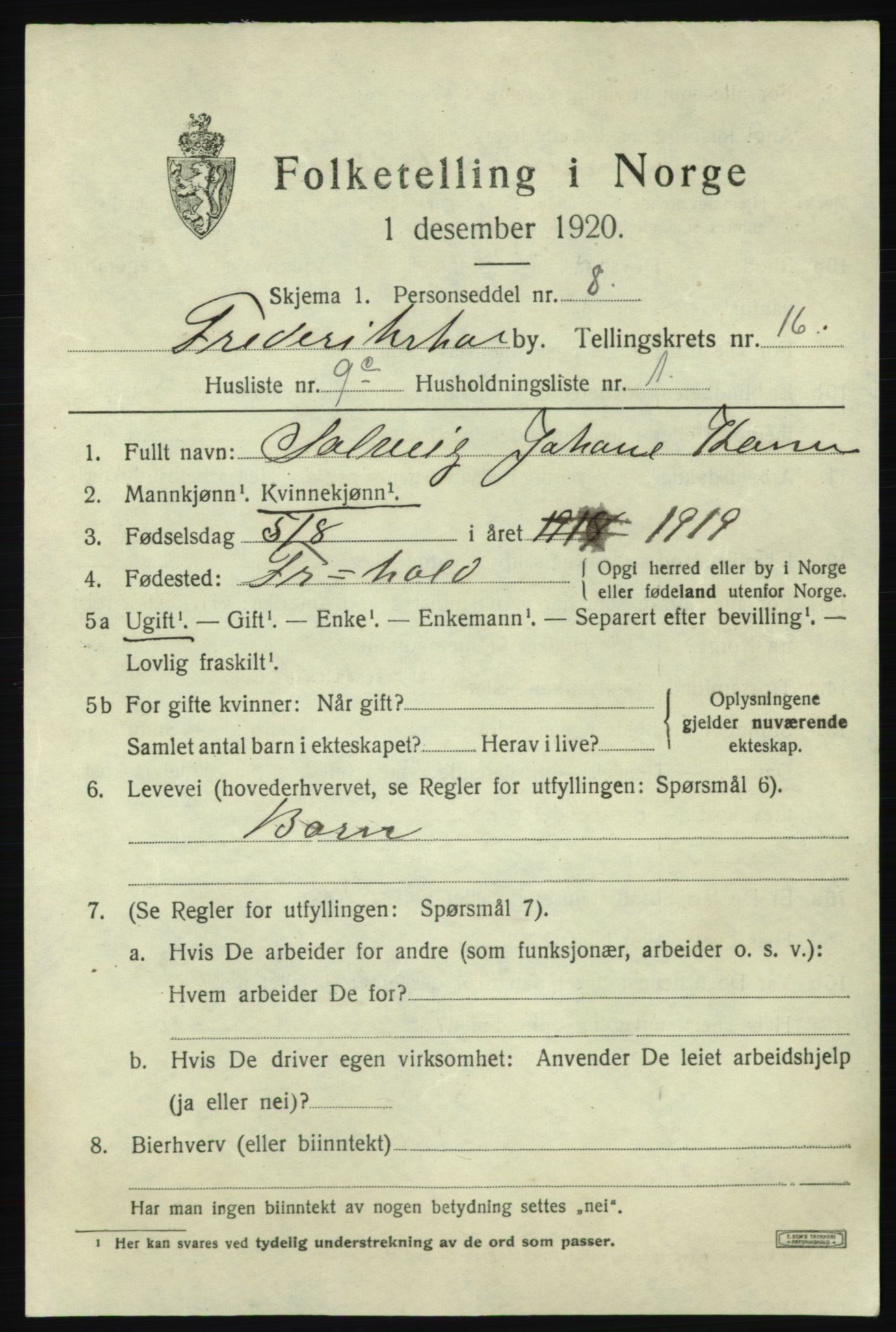 SAO, 1920 census for Fredrikshald, 1920, p. 25143